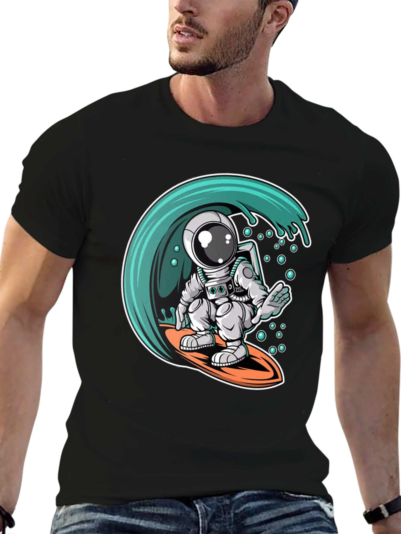 Surfing Astronaut Graphic Tee - Black