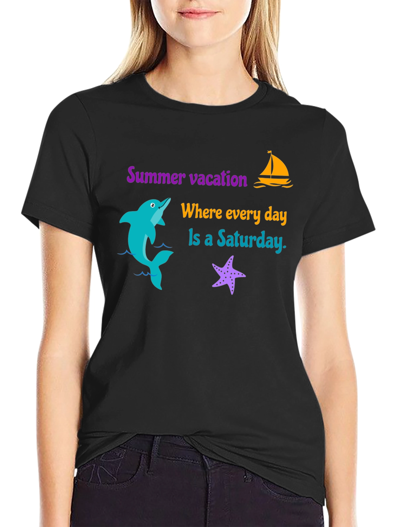 Summer Vacation T-Shirt - Dolphin Boat Starfish Graphic Tee
