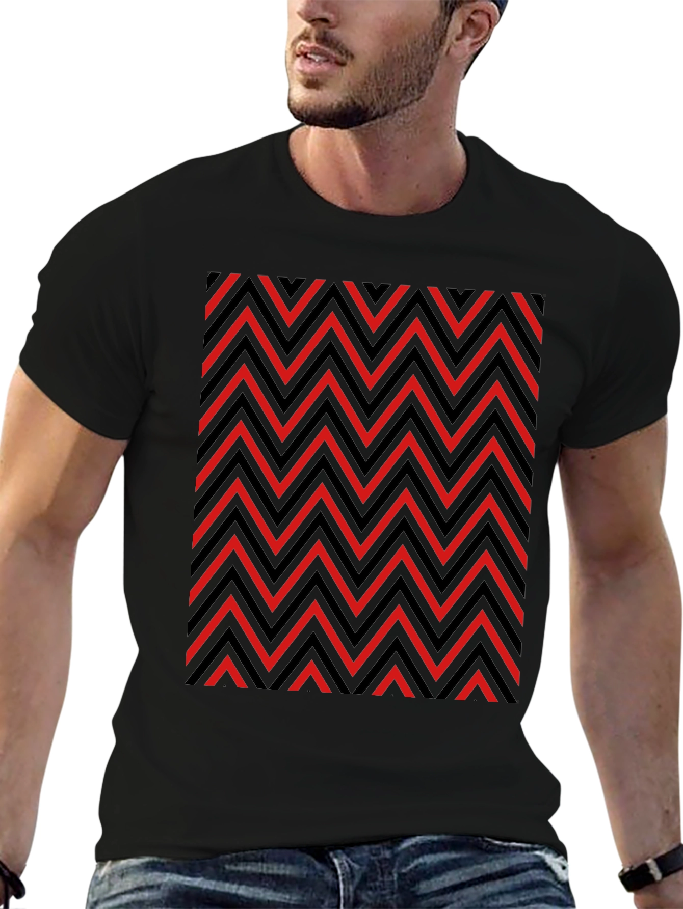 Zigzag Patterned Graphic Tee - Red and Black