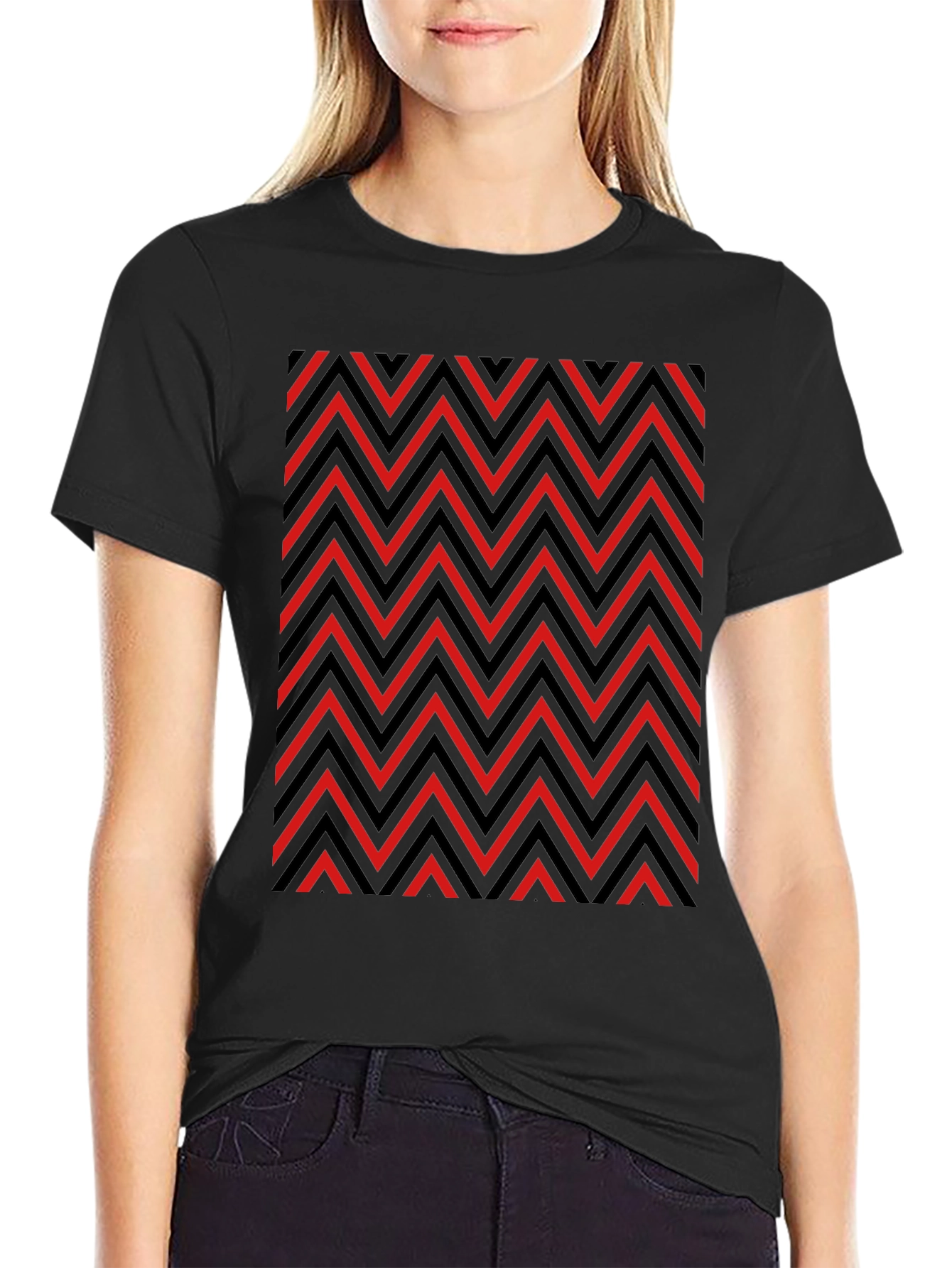 Zigzag Patterned Graphic Tee - Red and Black