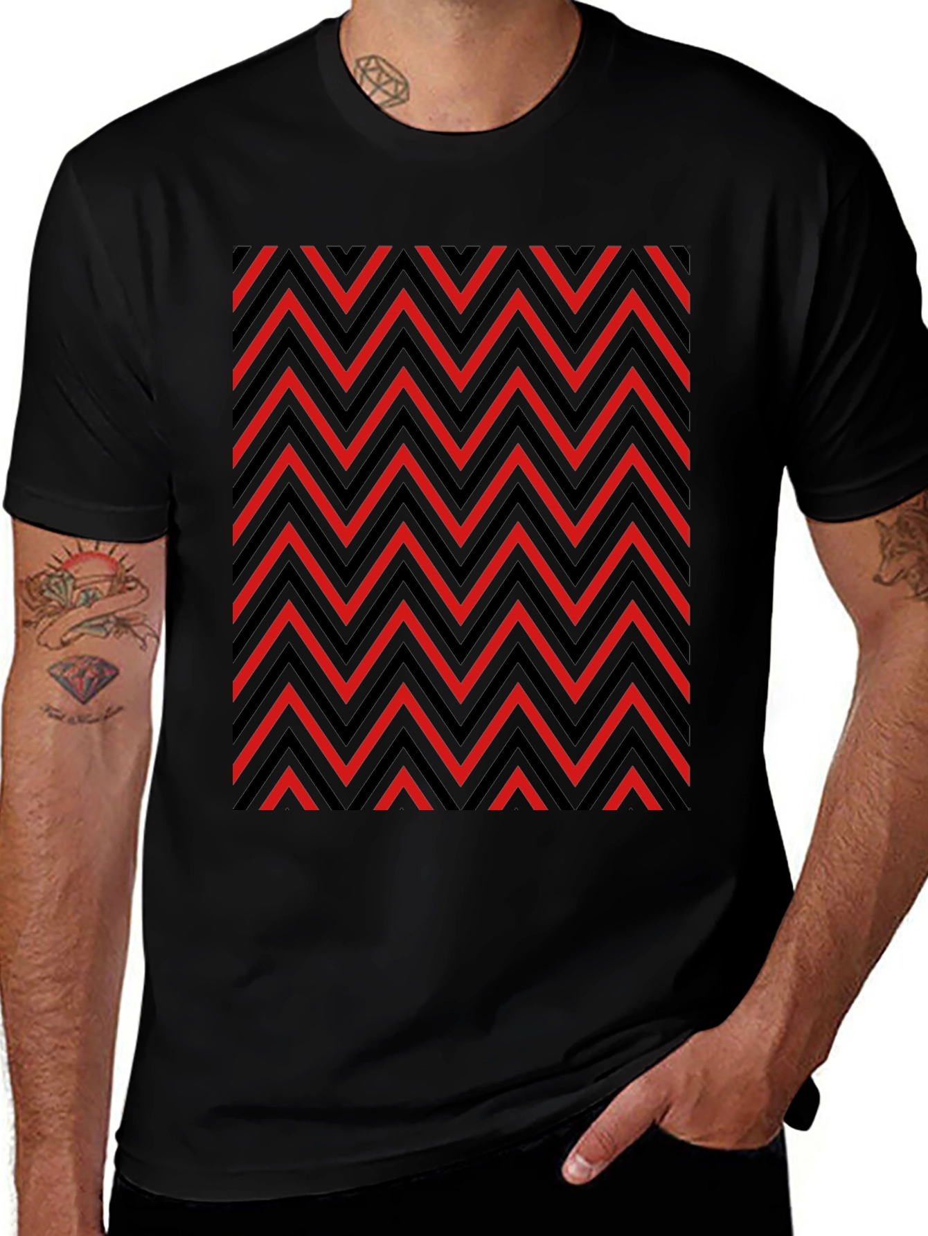 Zigzag Patterned Graphic Tee - Red and Black