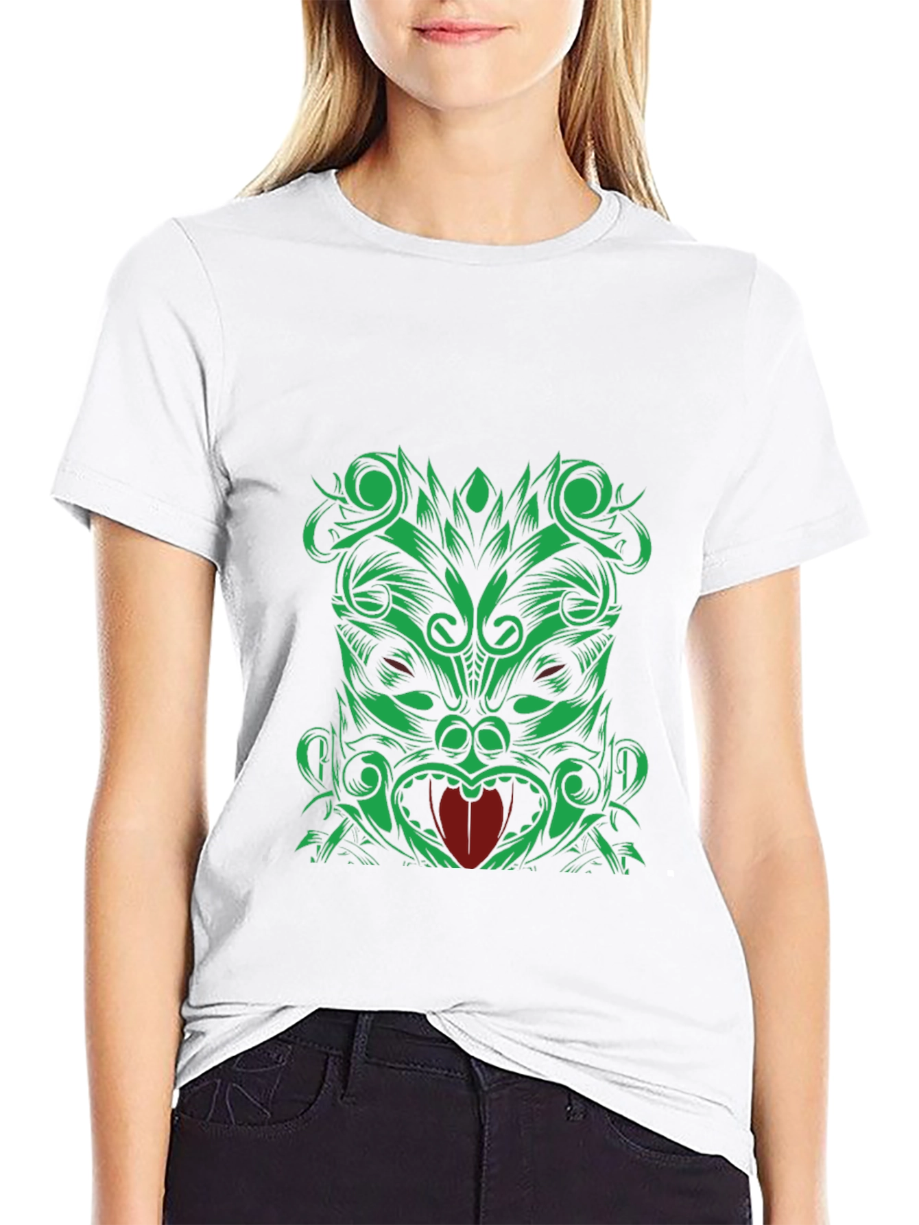 Green Tiki Graphic Print Black T-Shirt