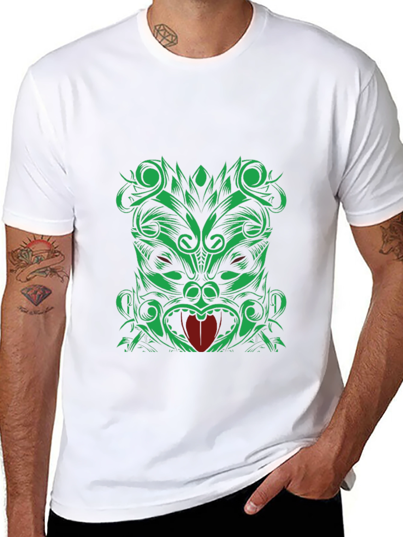 Green Tiki Graphic Print Black T-Shirt