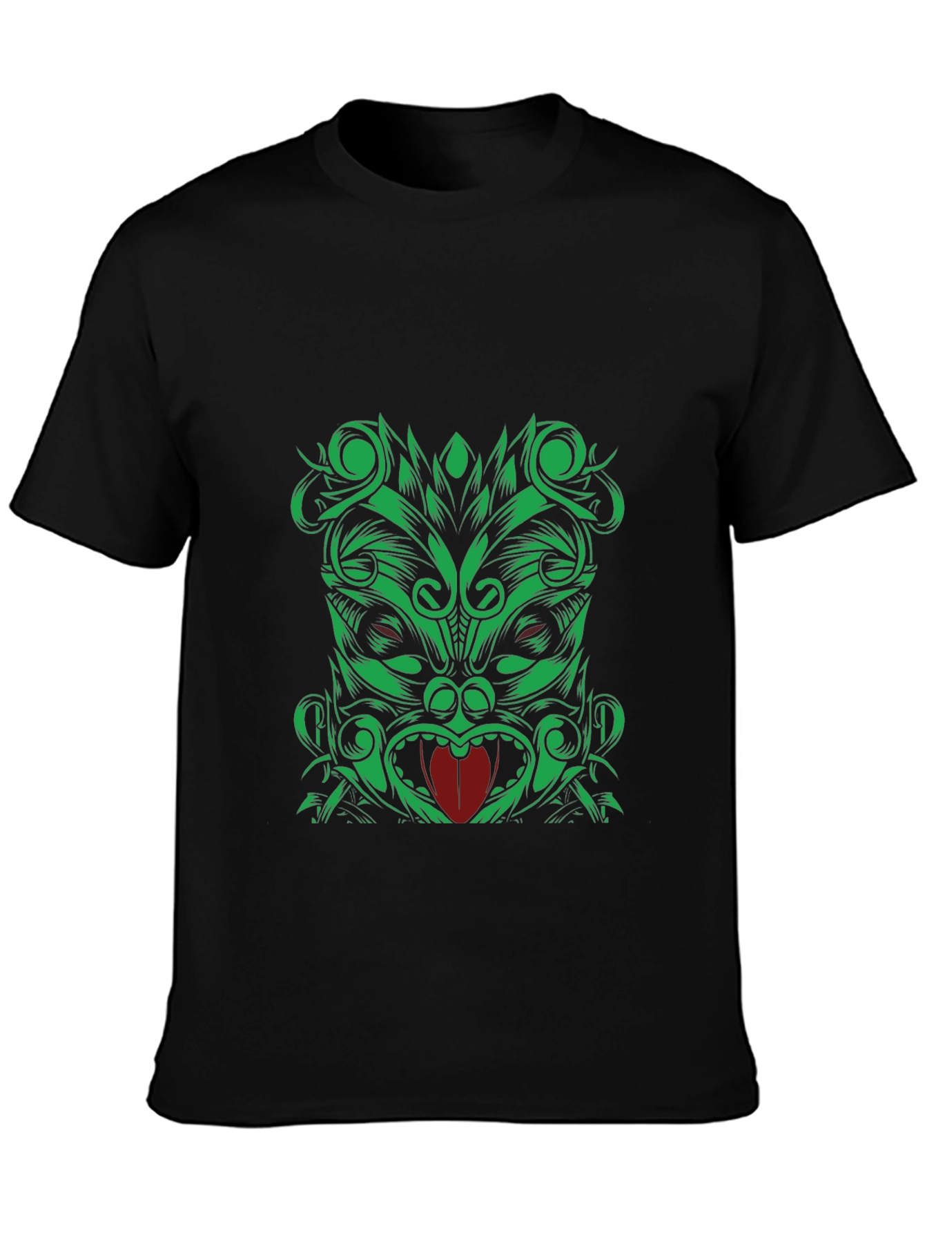 Green Tiki Graphic Print Black T-Shirt