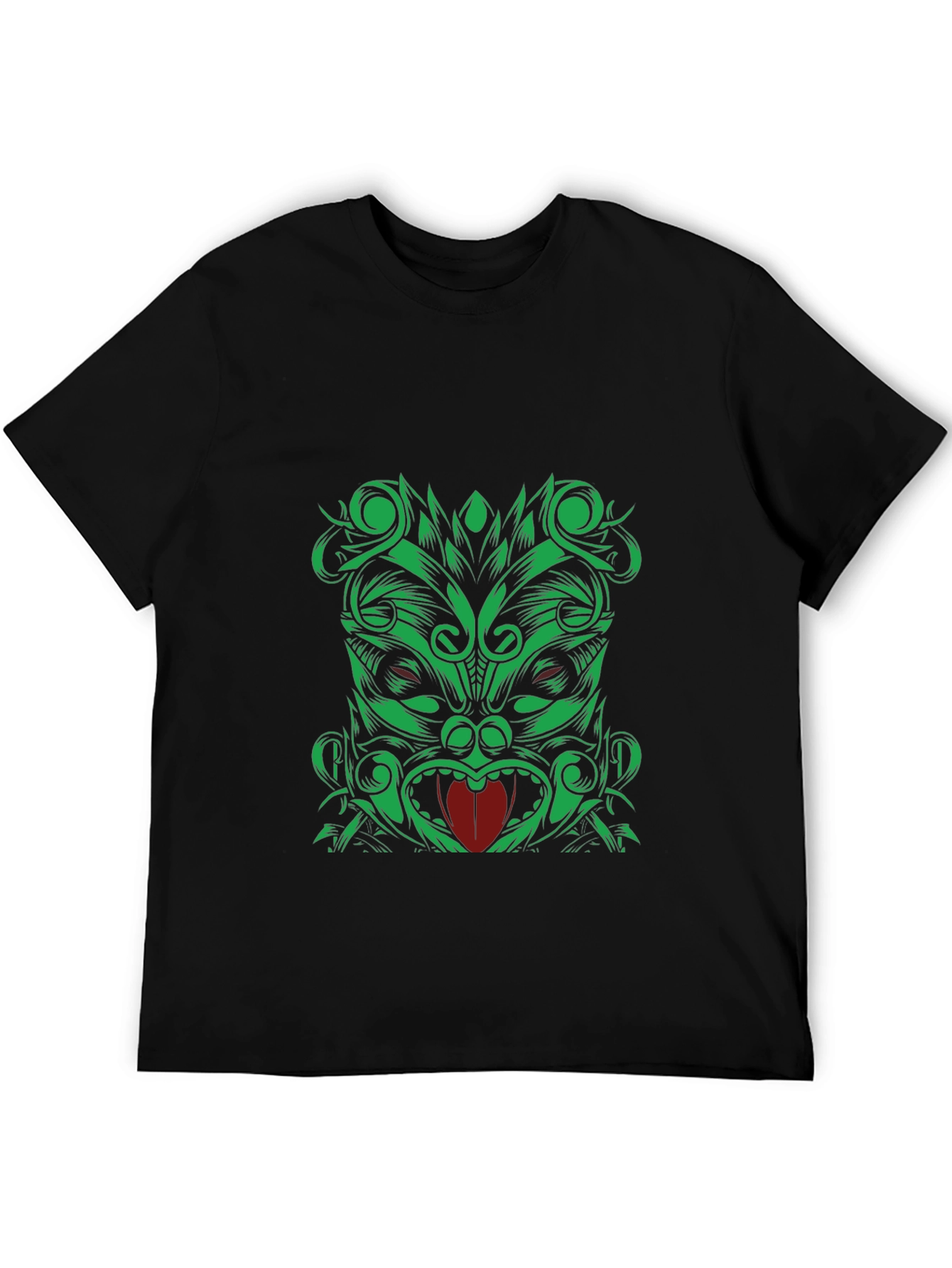 Green Tiki Graphic Print Black T-Shirt