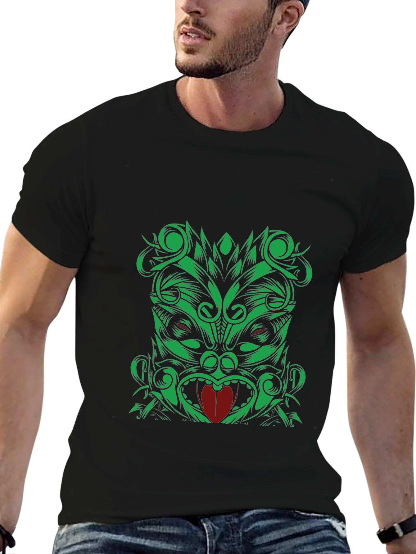 Green Tiki Graphic Print Black T-Shirt