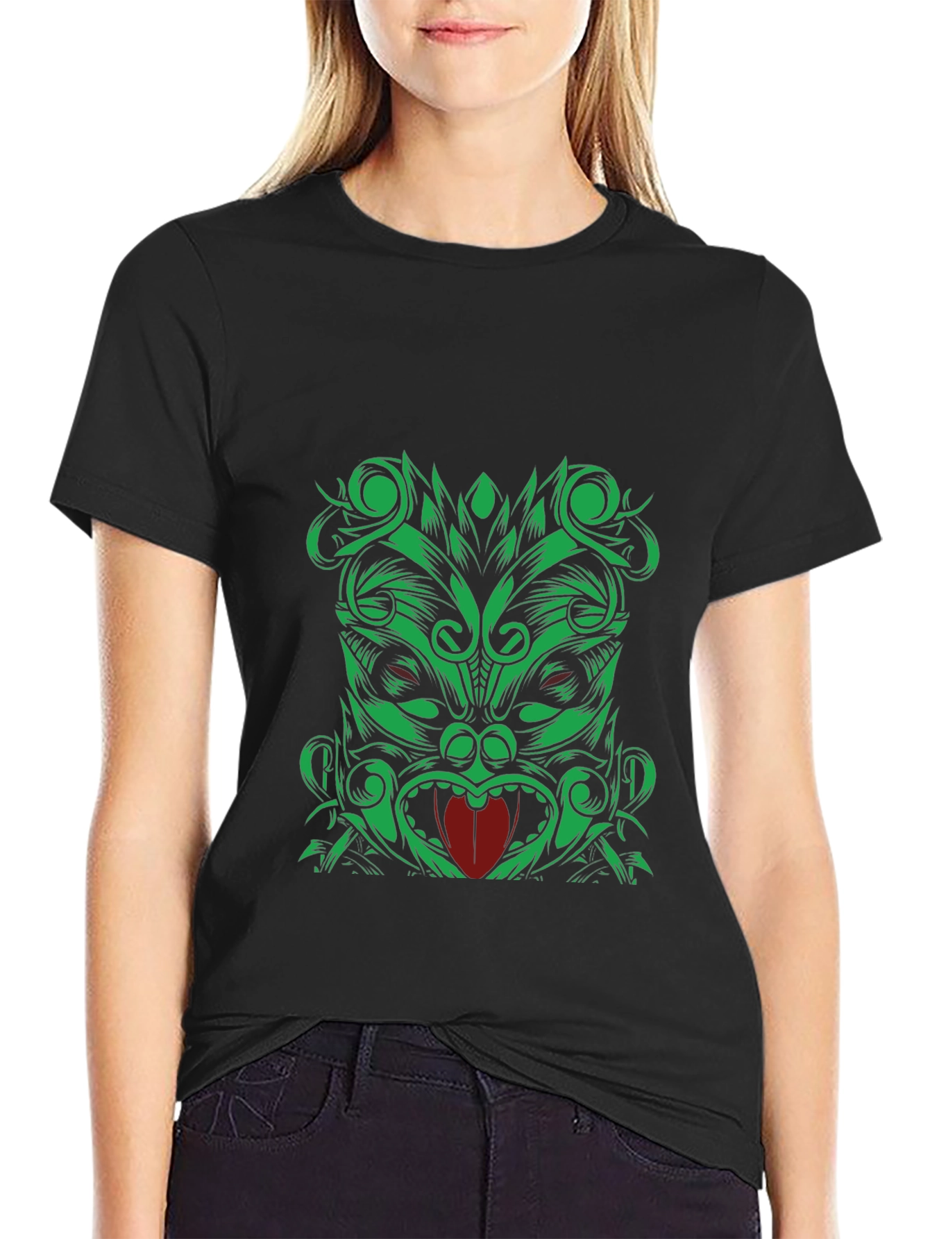 Green Tiki Graphic Print Black T-Shirt