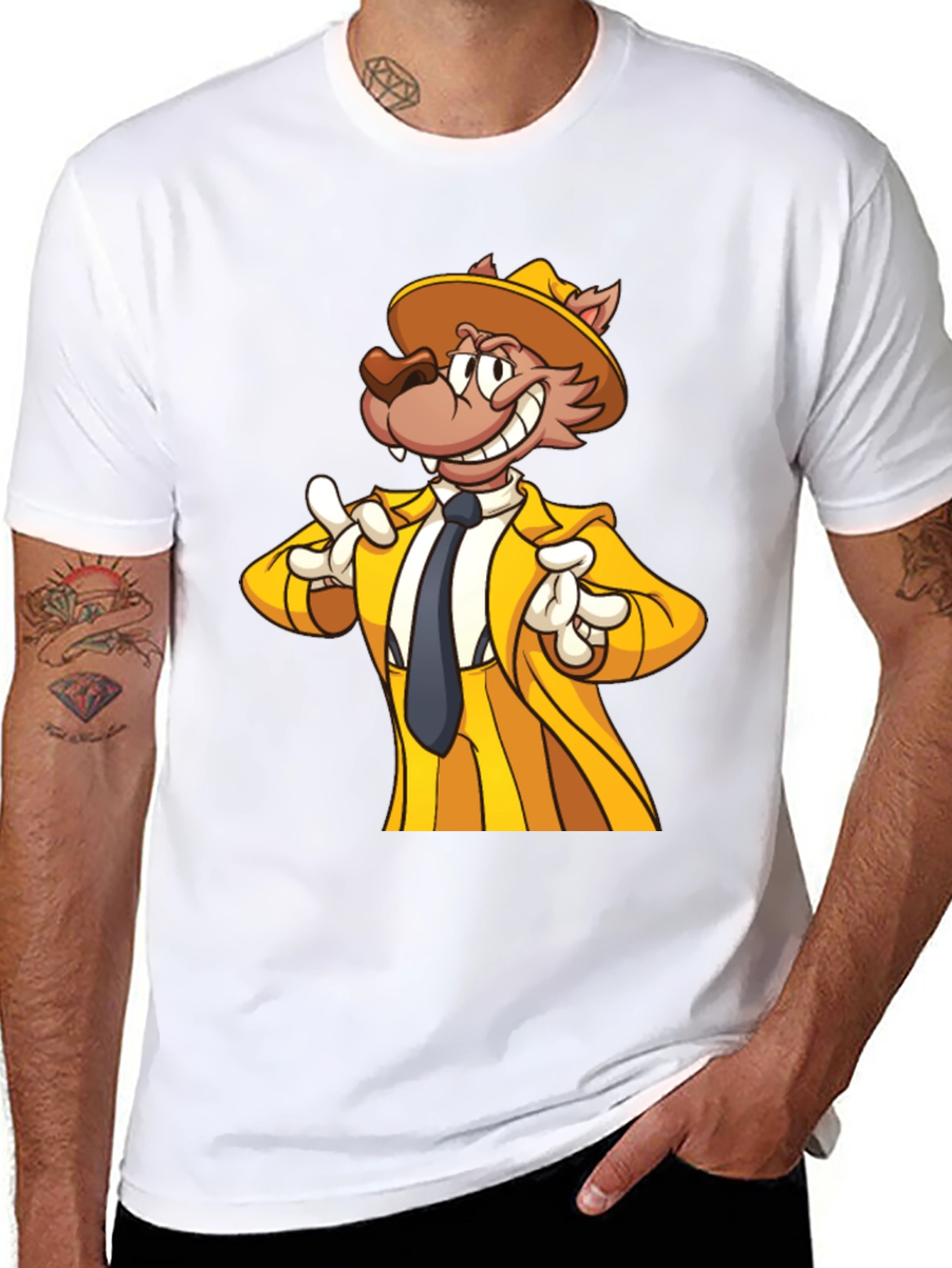 Cartoon Wolf in Yellow Suit - Mens Black T-Shirt
