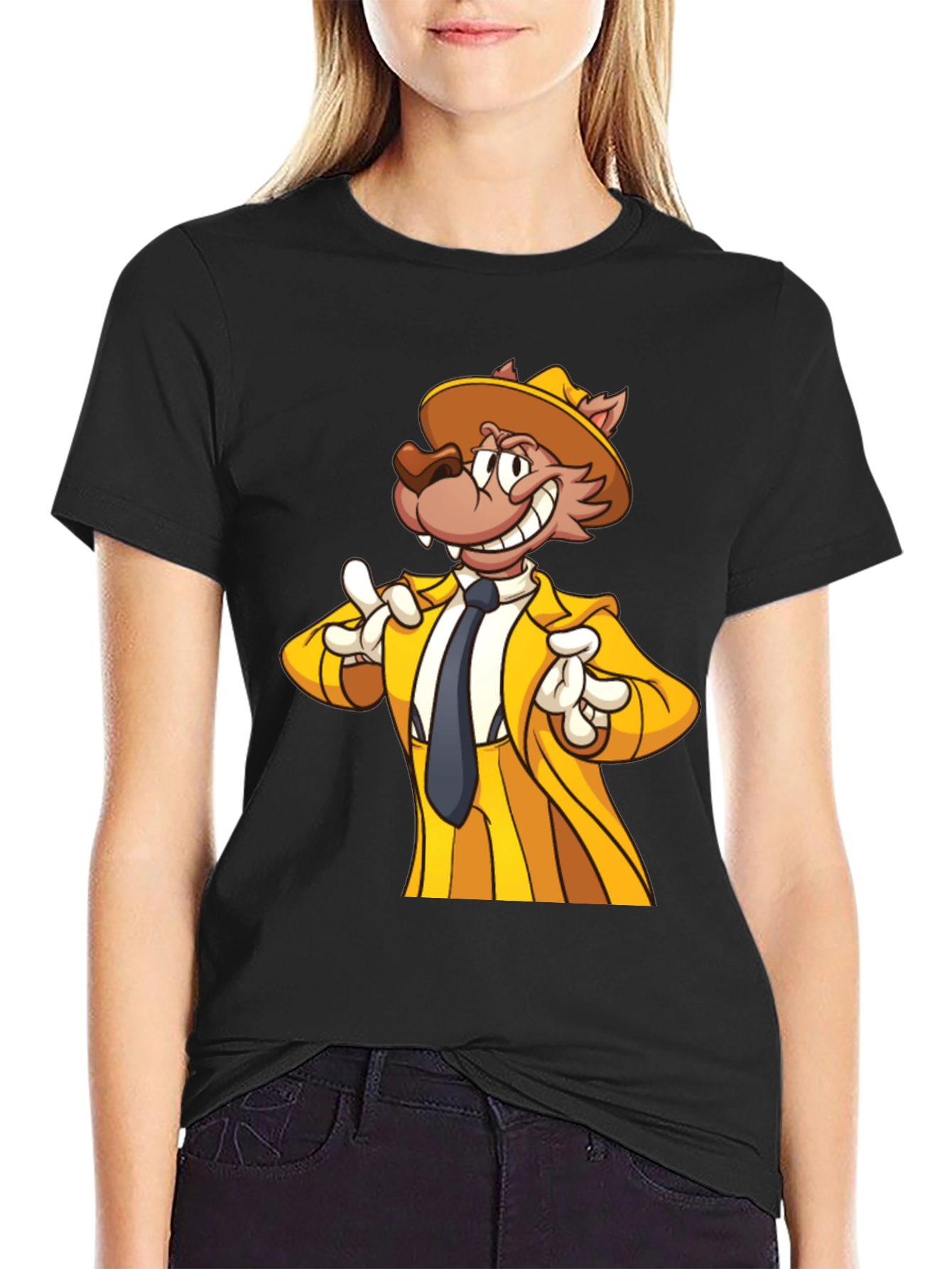 Cartoon Wolf in Yellow Suit - Mens Black T-Shirt