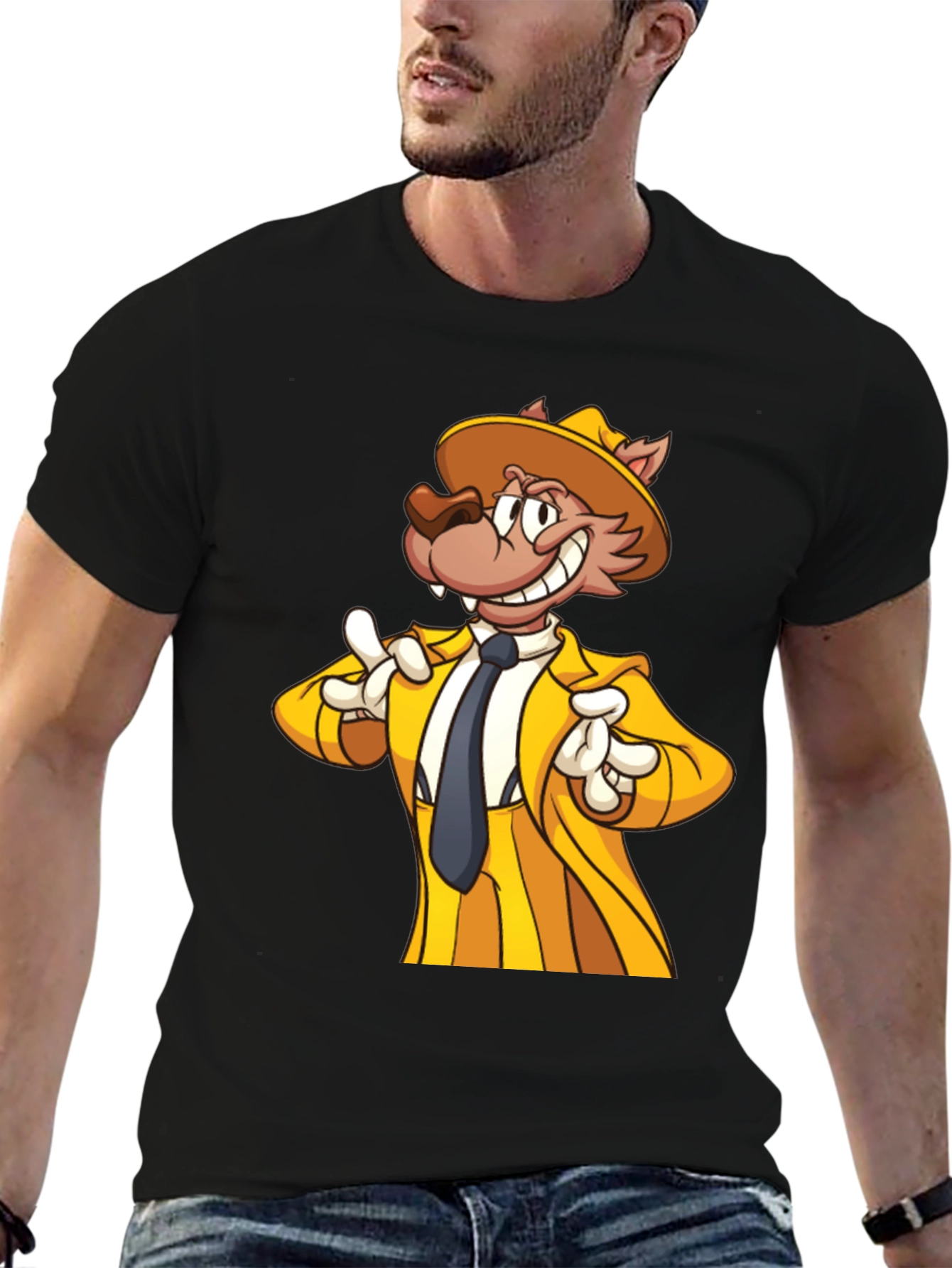 Cartoon Wolf in Yellow Suit - Mens Black T-Shirt
