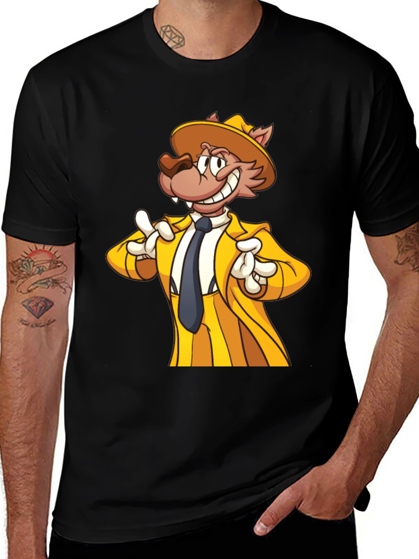 Cartoon Wolf in Yellow Suit - Mens Black T-Shirt