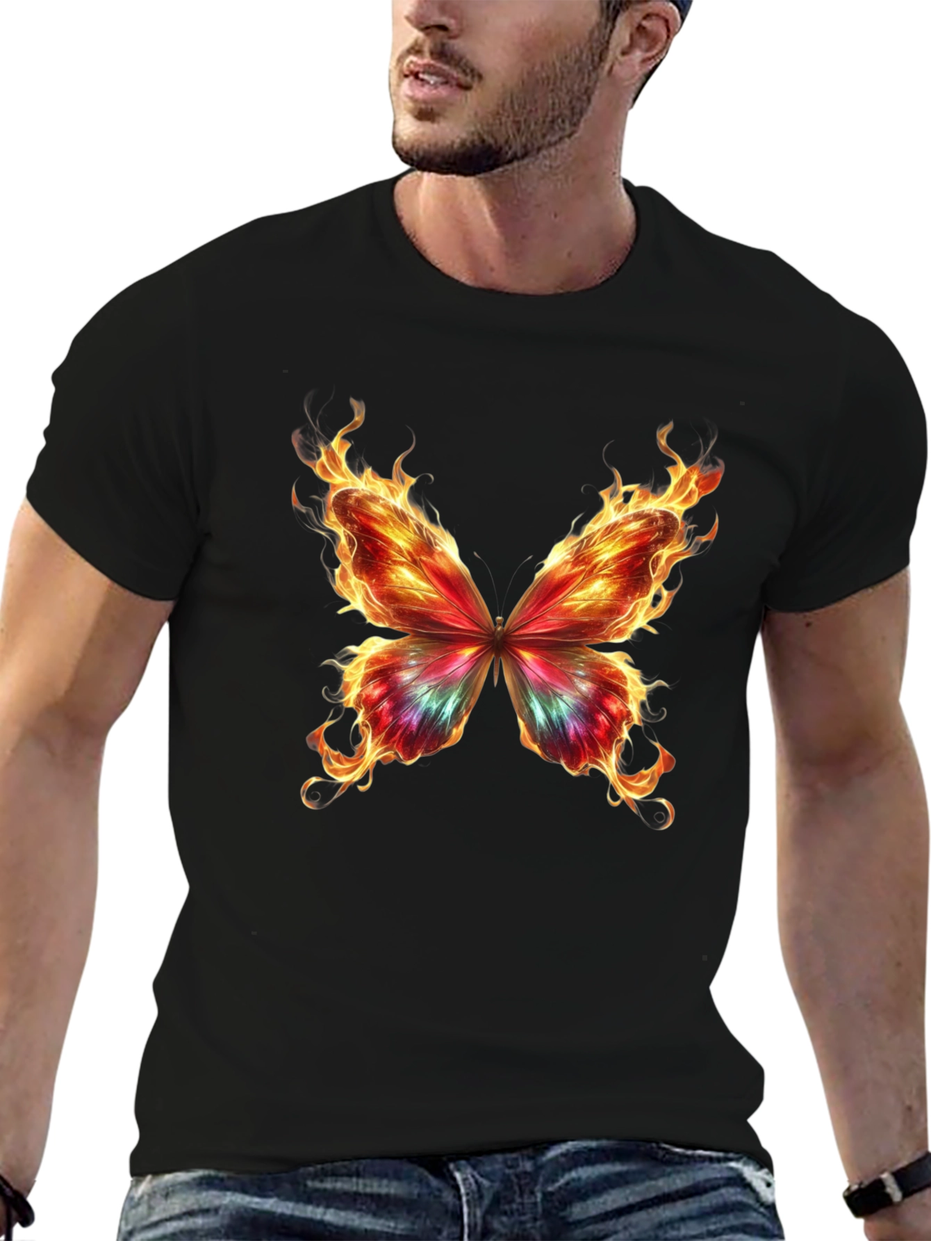 Flaming Butterfly Graphic Tee - Cool Black T-Shirt