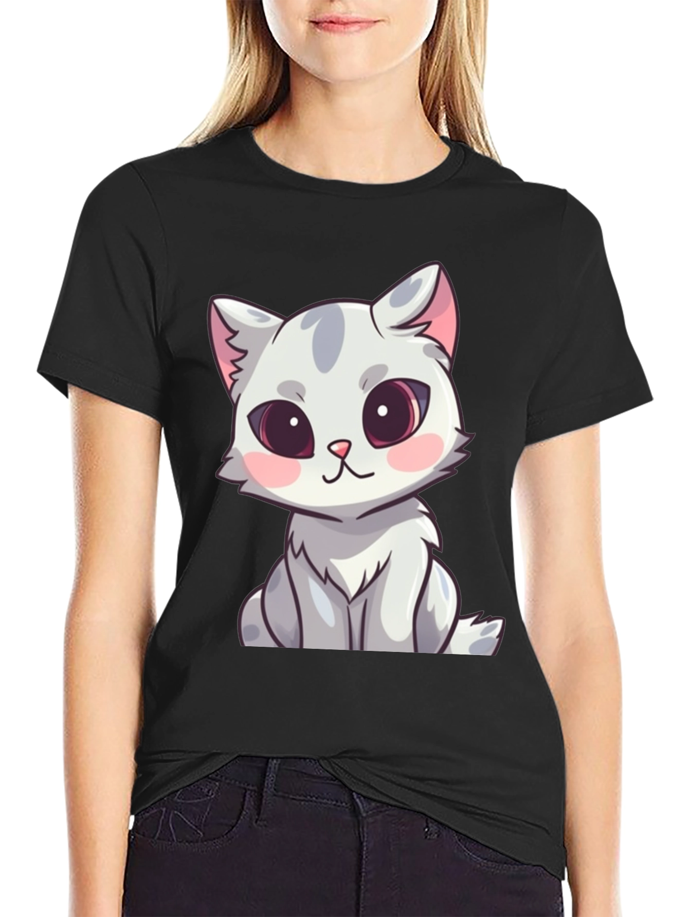Cute Cartoon Cat Graphic T-Shirt - Black