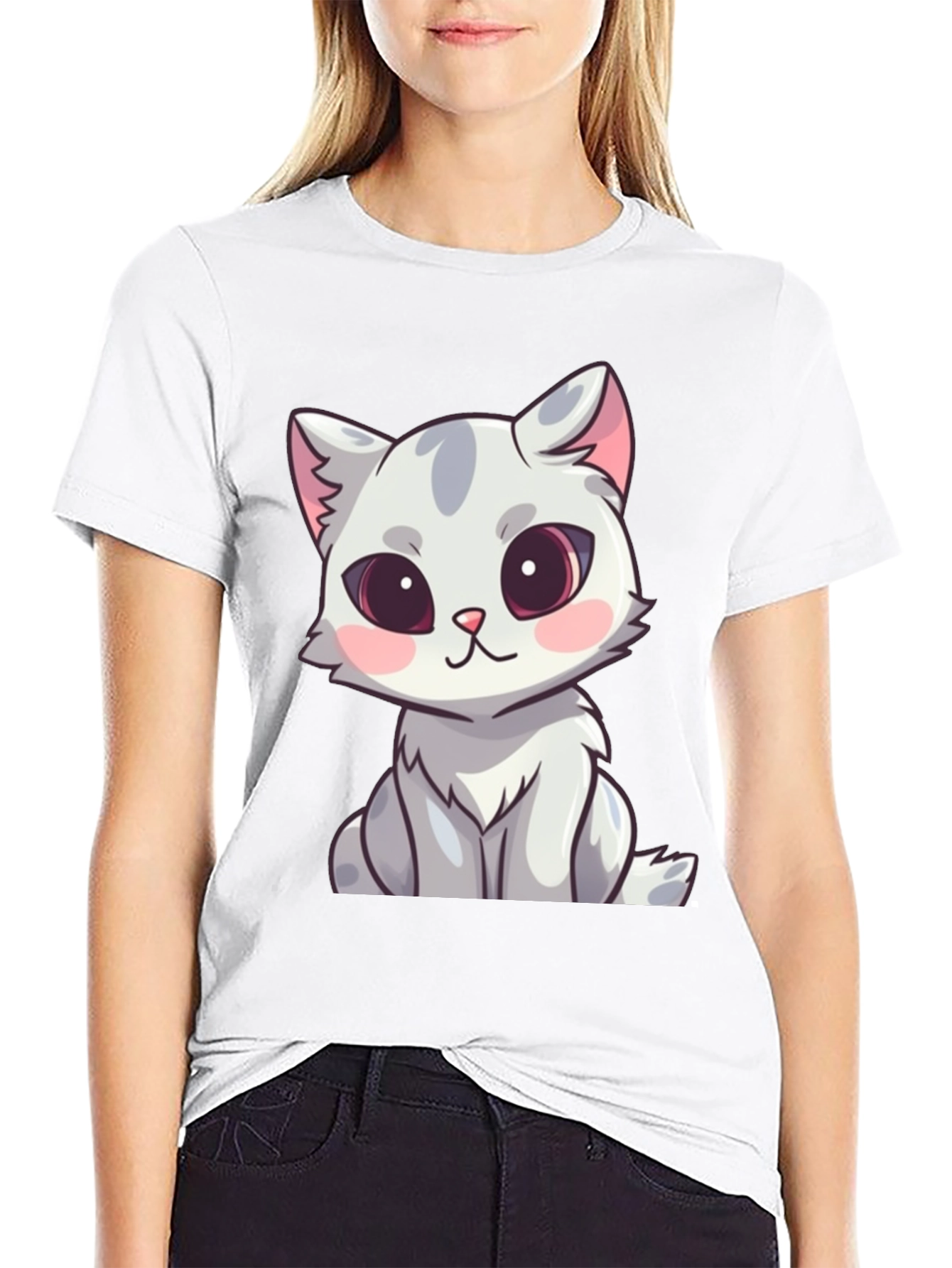 Cute Cartoon Cat Graphic T-Shirt - Black