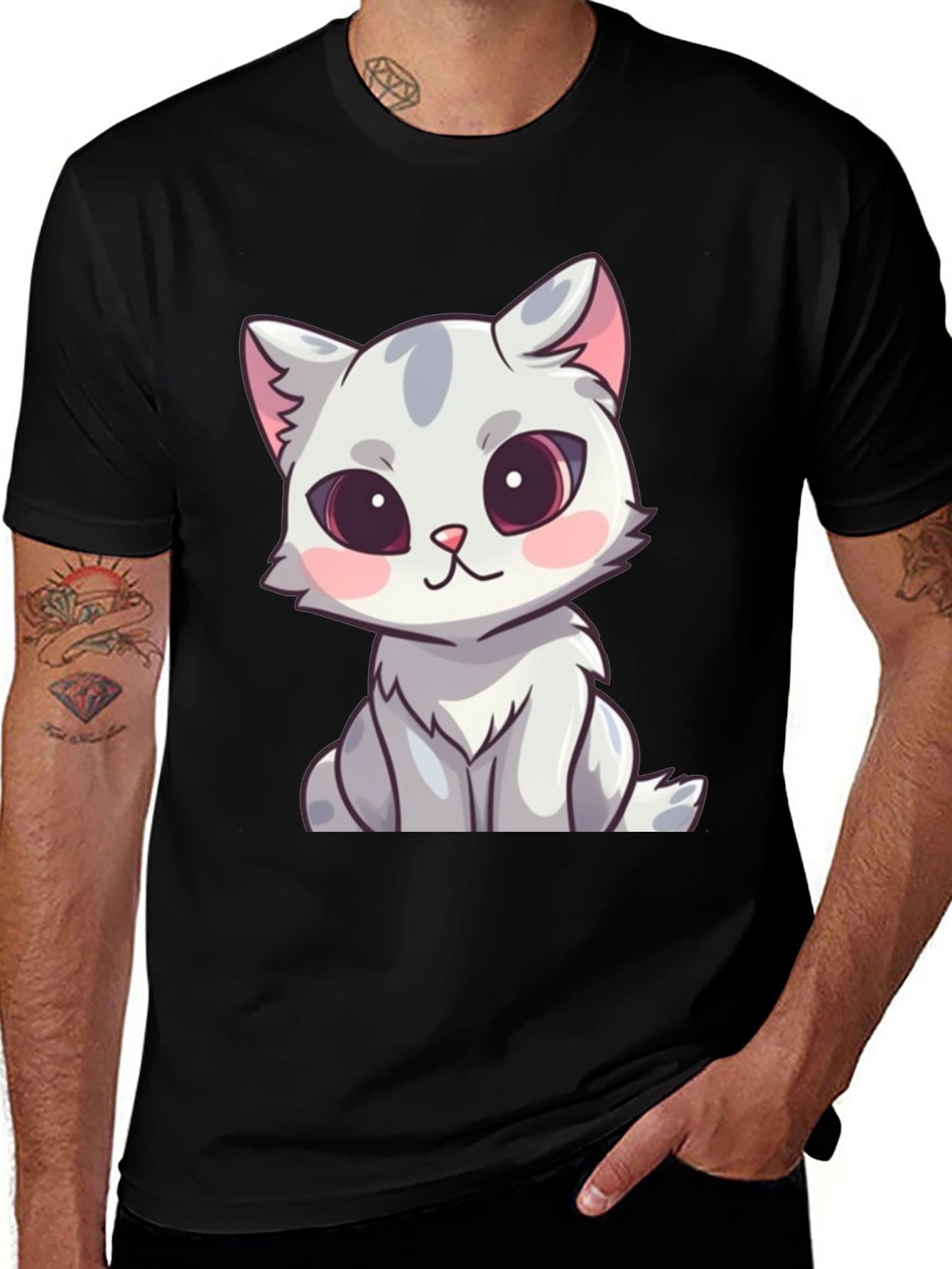 Cute Cartoon Cat Graphic T-Shirt - Black