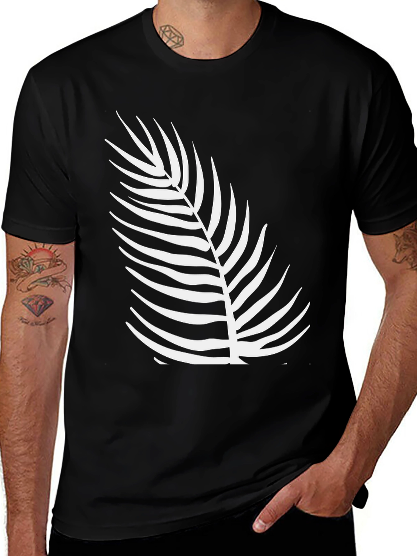 Stylish Black Tee with Tropical Leaf Design