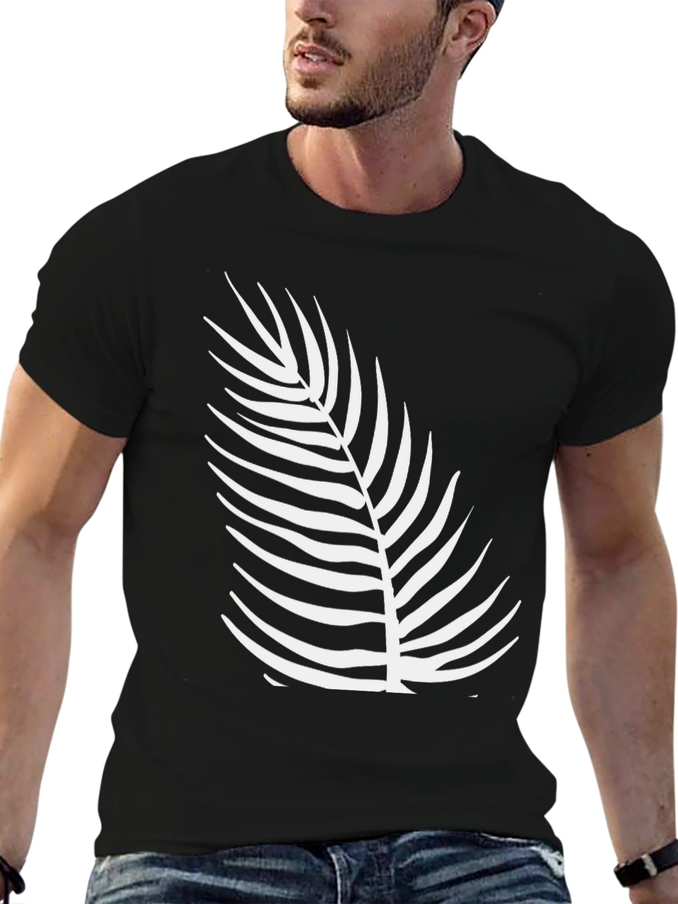 Stylish Black Tee with Tropical Leaf Design