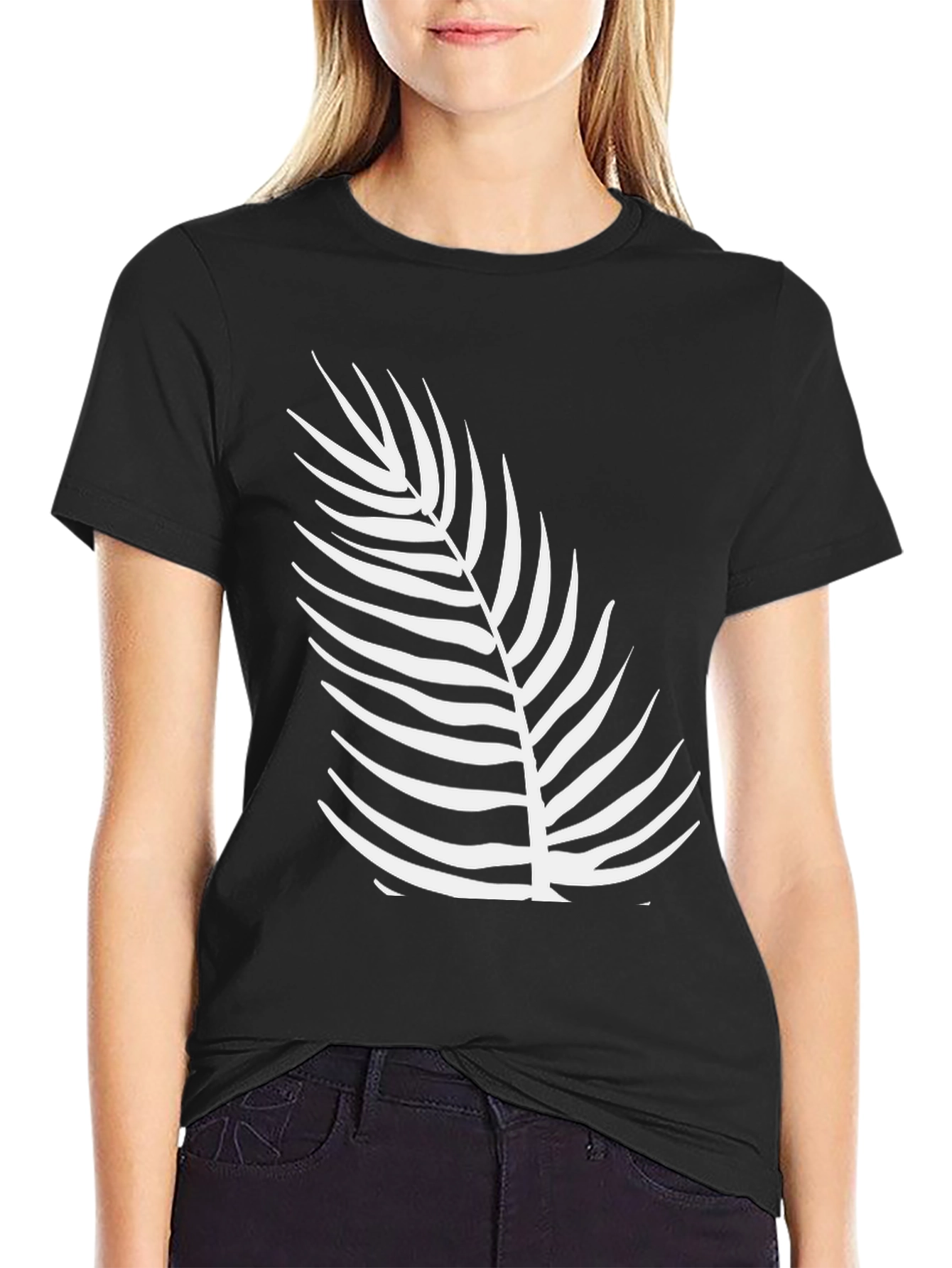 Stylish Black Tee with Tropical Leaf Design