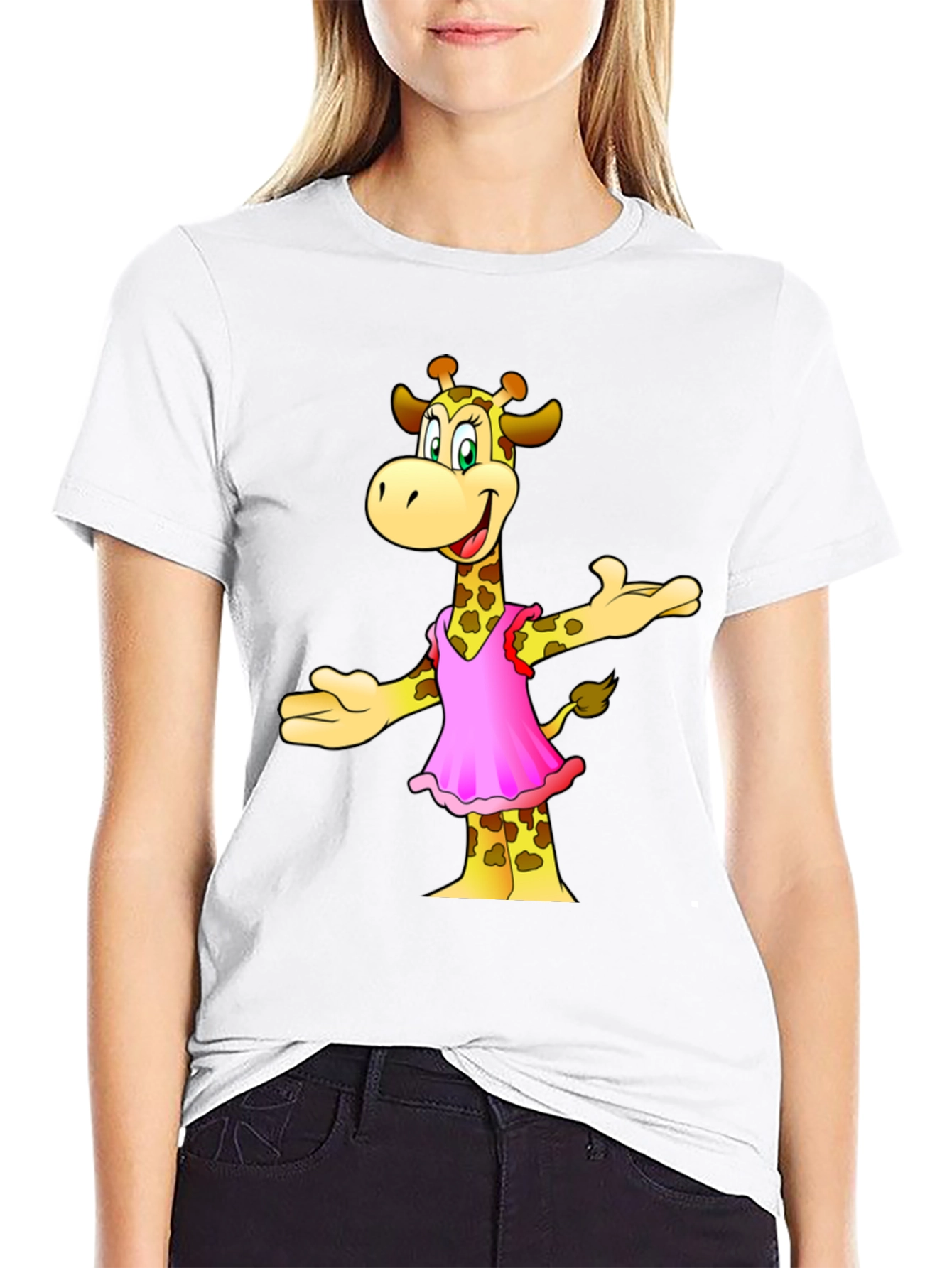 Giraffe in Pink Dress Graphic Tee - Black