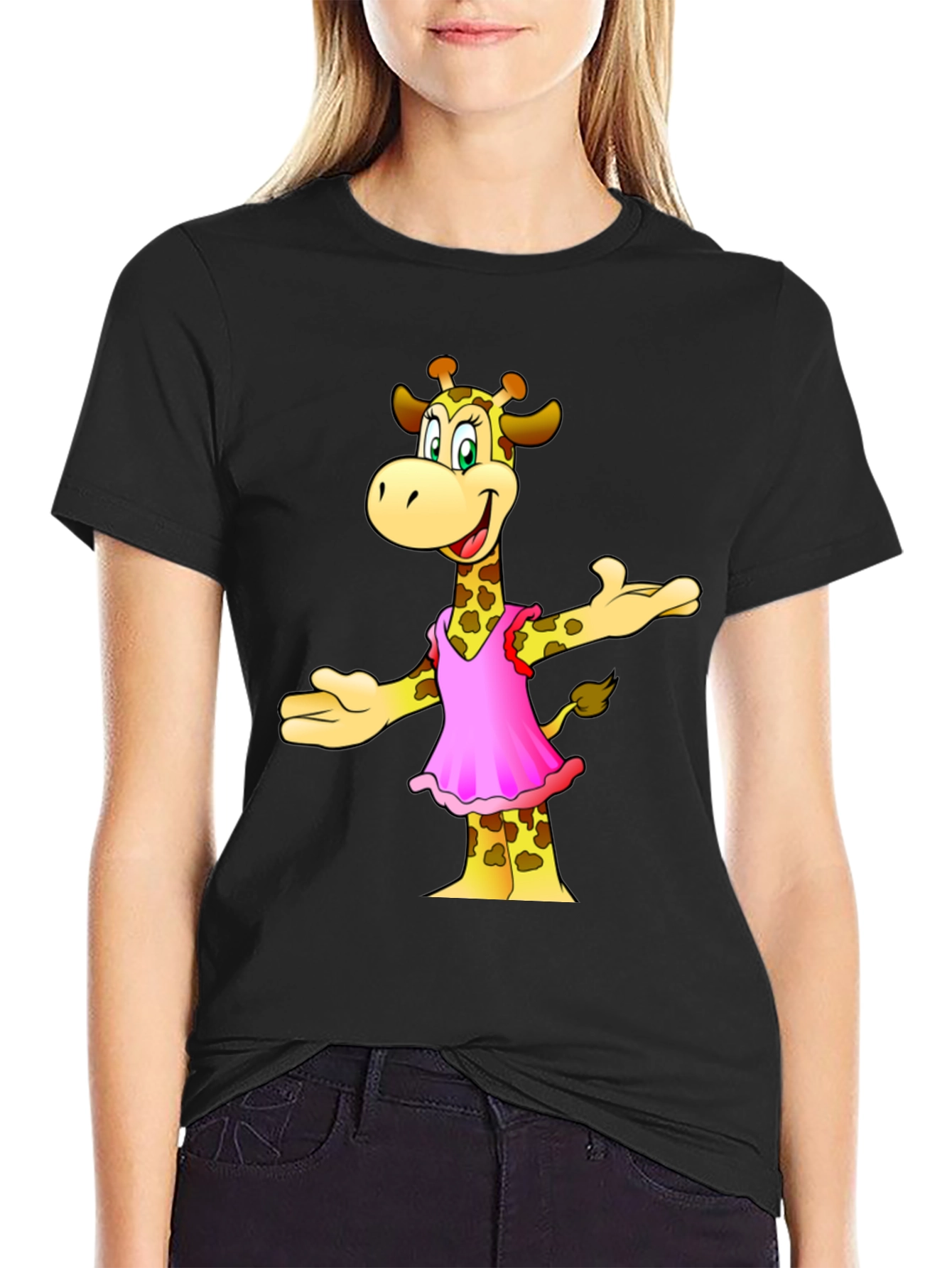 Giraffe in Pink Dress Graphic Tee - Black