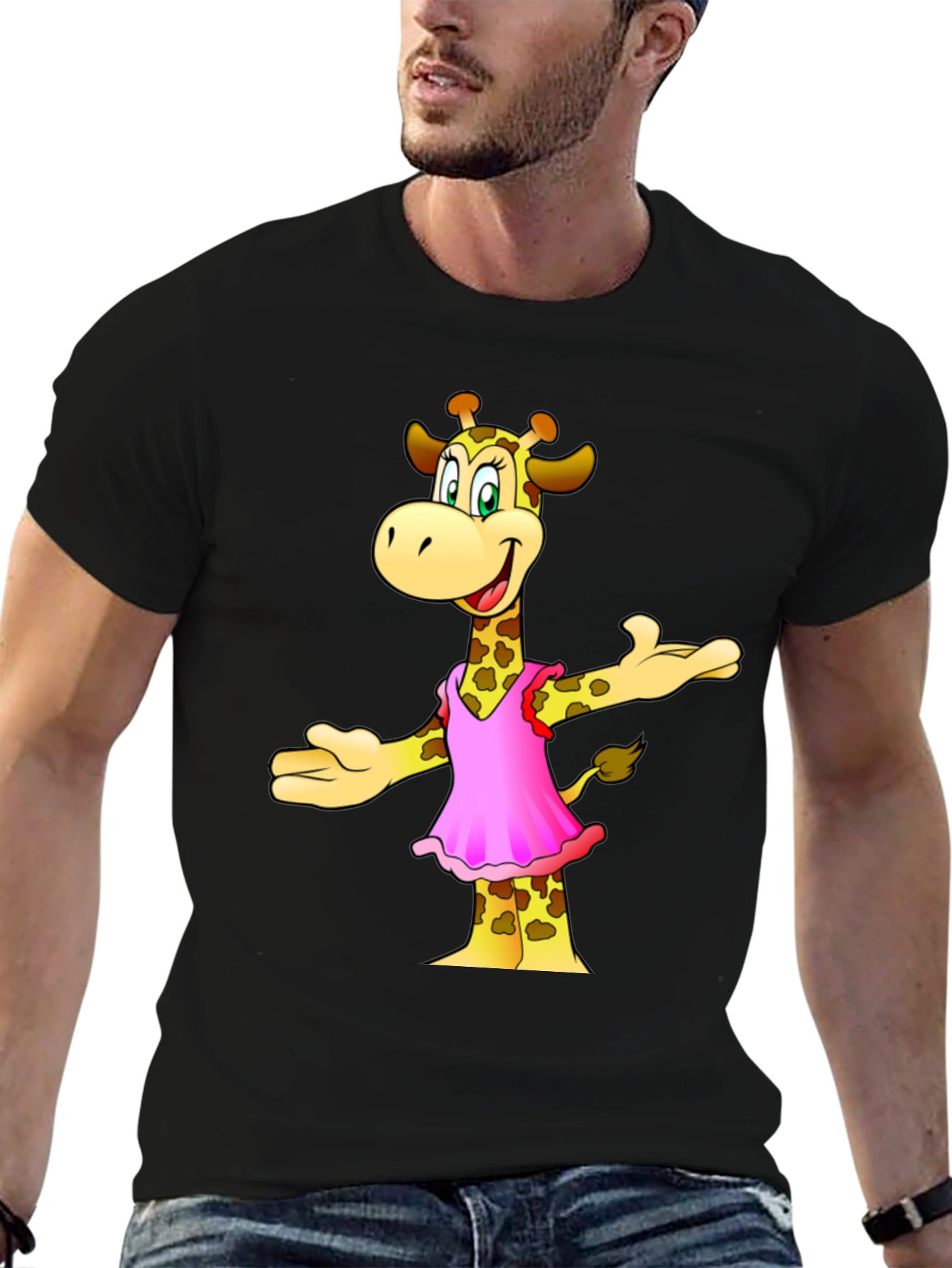 Giraffe in Pink Dress Graphic Tee - Black