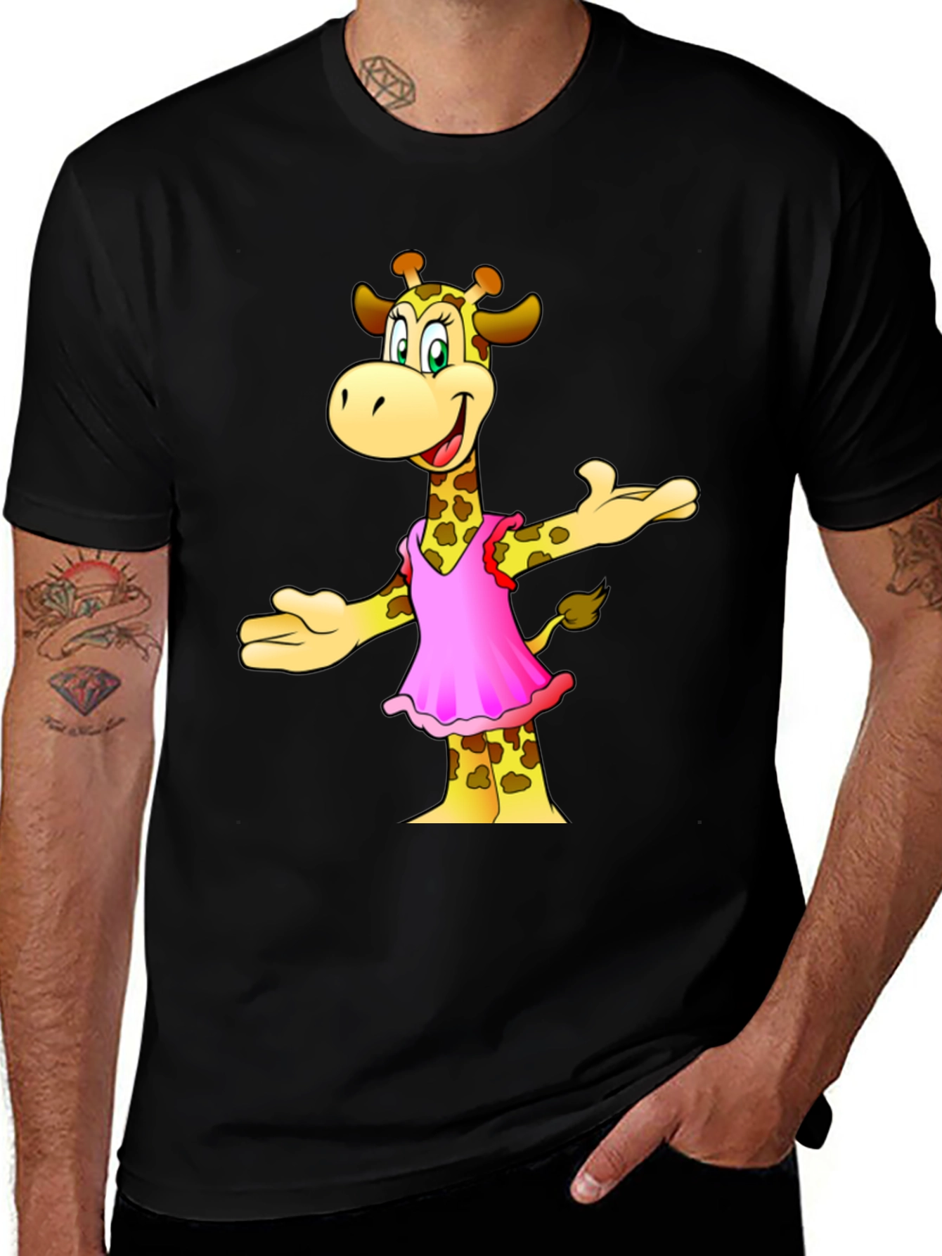 Giraffe in Pink Dress Graphic Tee - Black