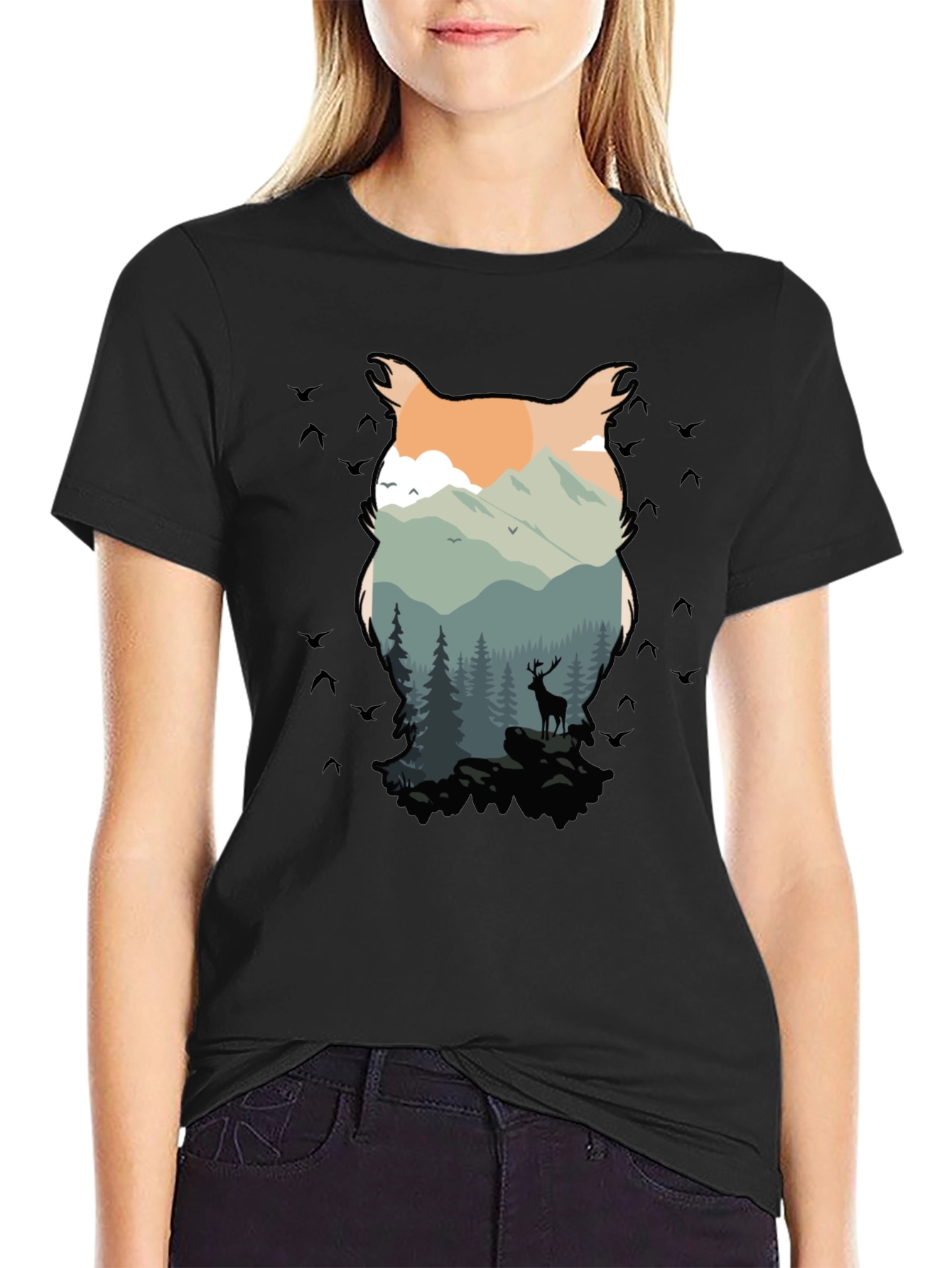 Nature Owl Graphic Black T-Shirt