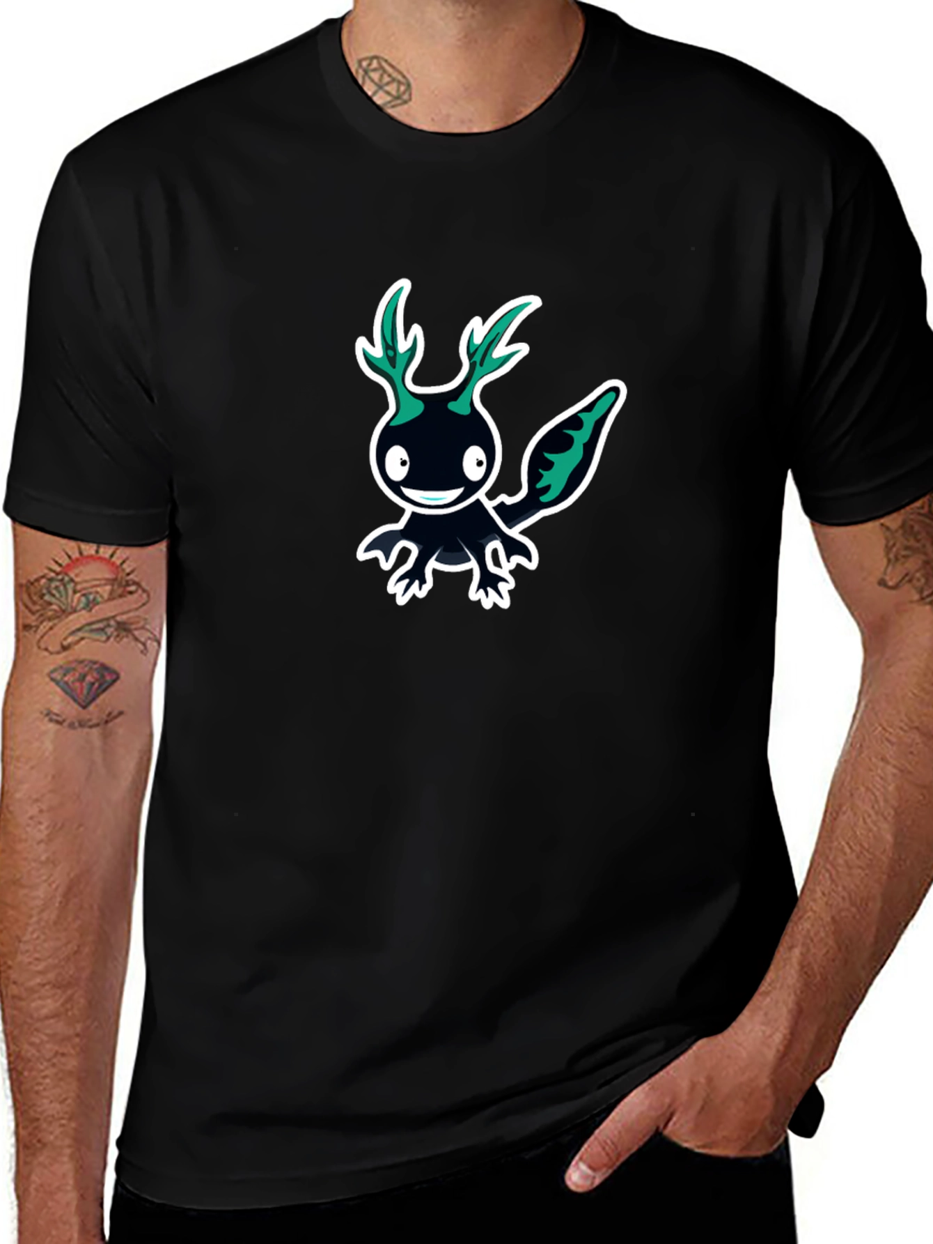 Black Graphic Tee - Cartoon Axolotl