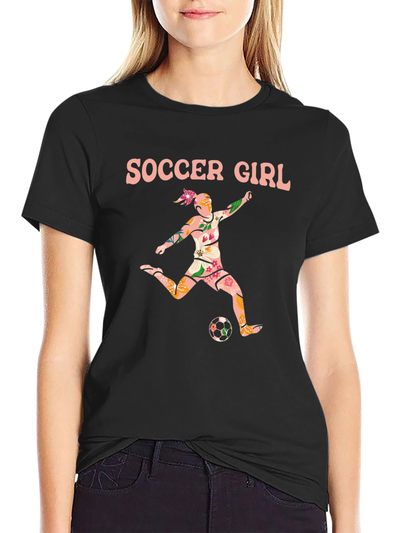 Soccer Girl Floral Graphic Tee - Black