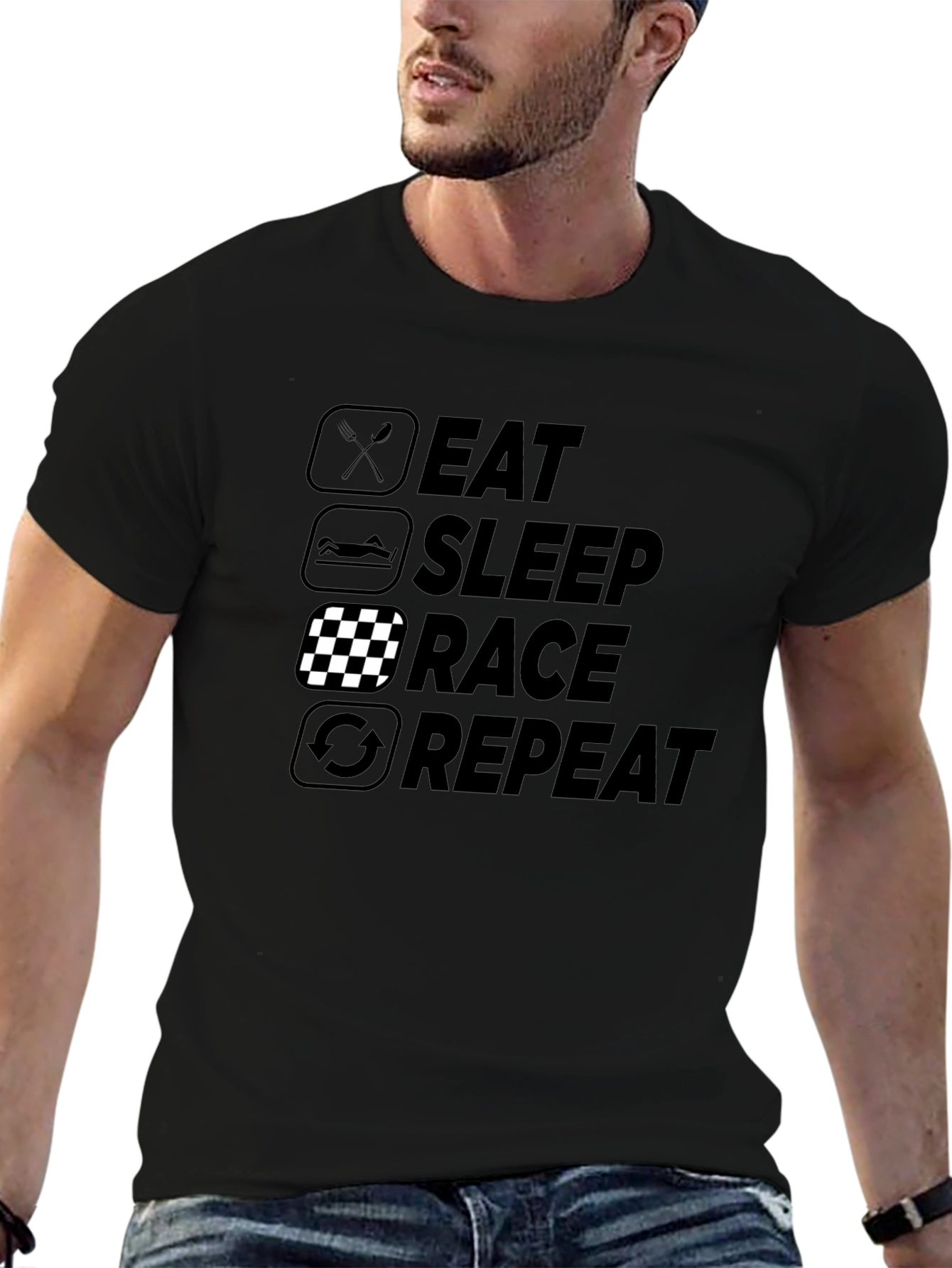 Eat Sleep Race Repeat Black Graphic T-Shirt