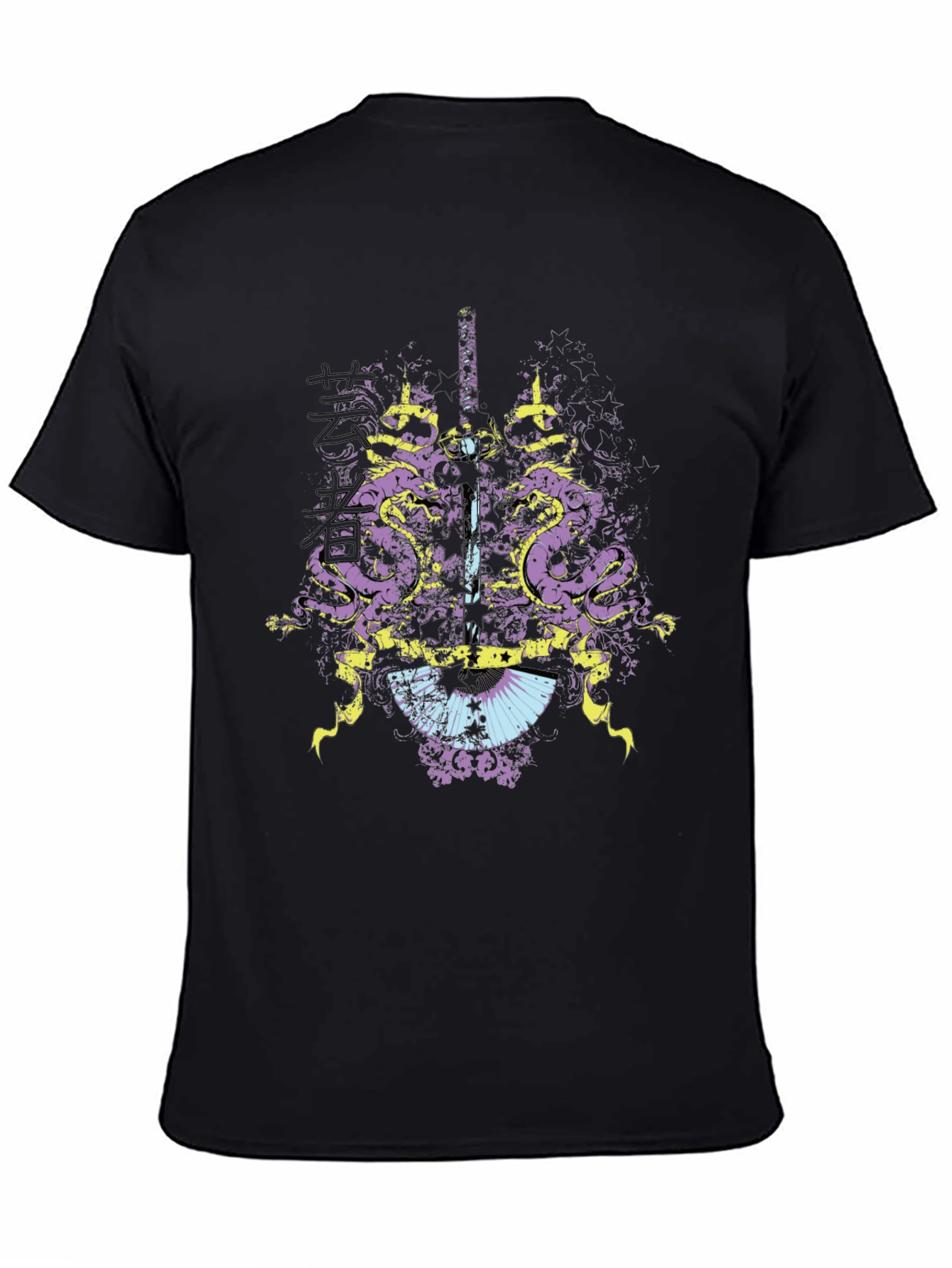 Mens Black Graphic T-Shirt: Dragon & Sword