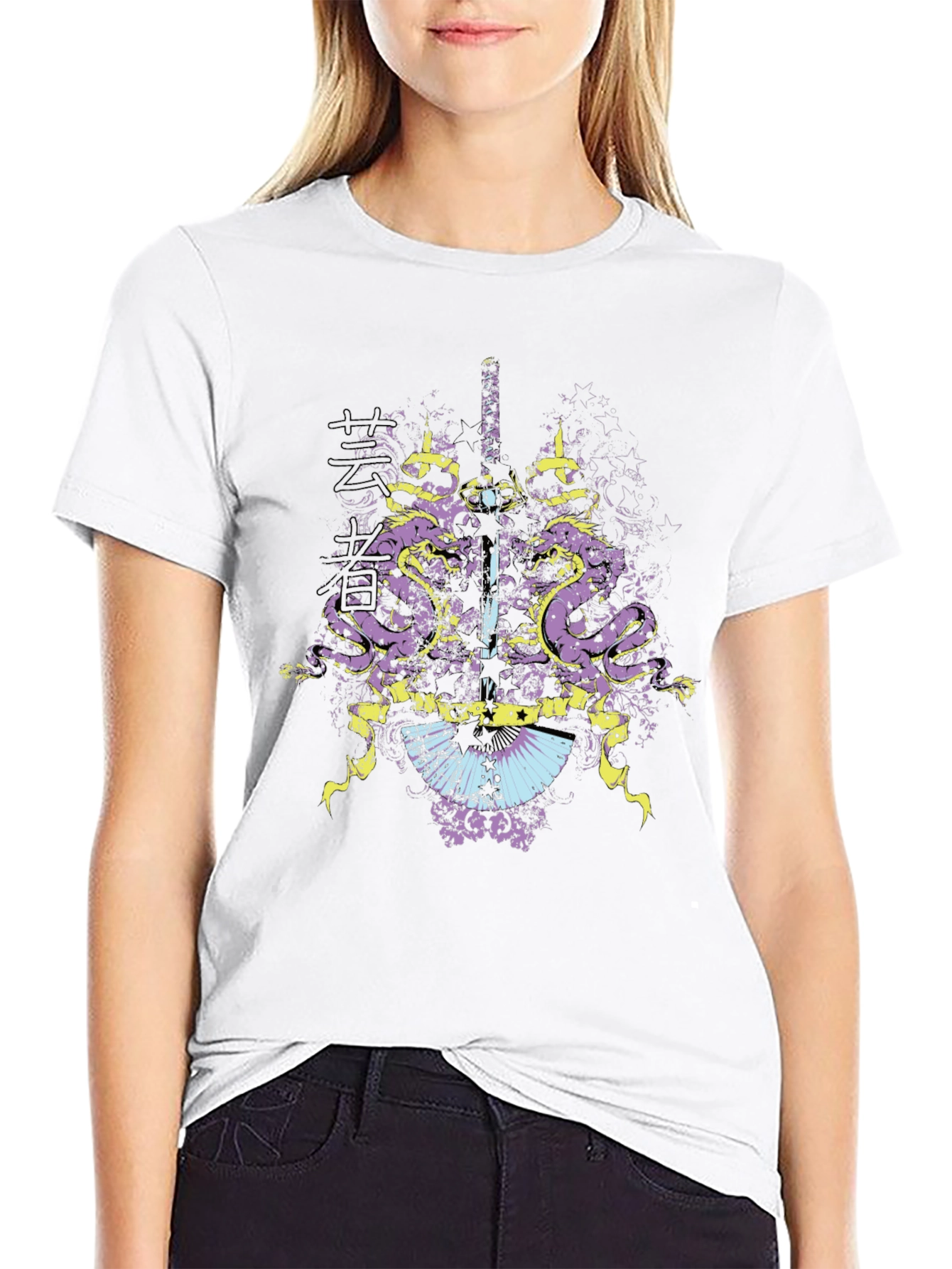 Mens Black Graphic T-Shirt: Dragon & Sword