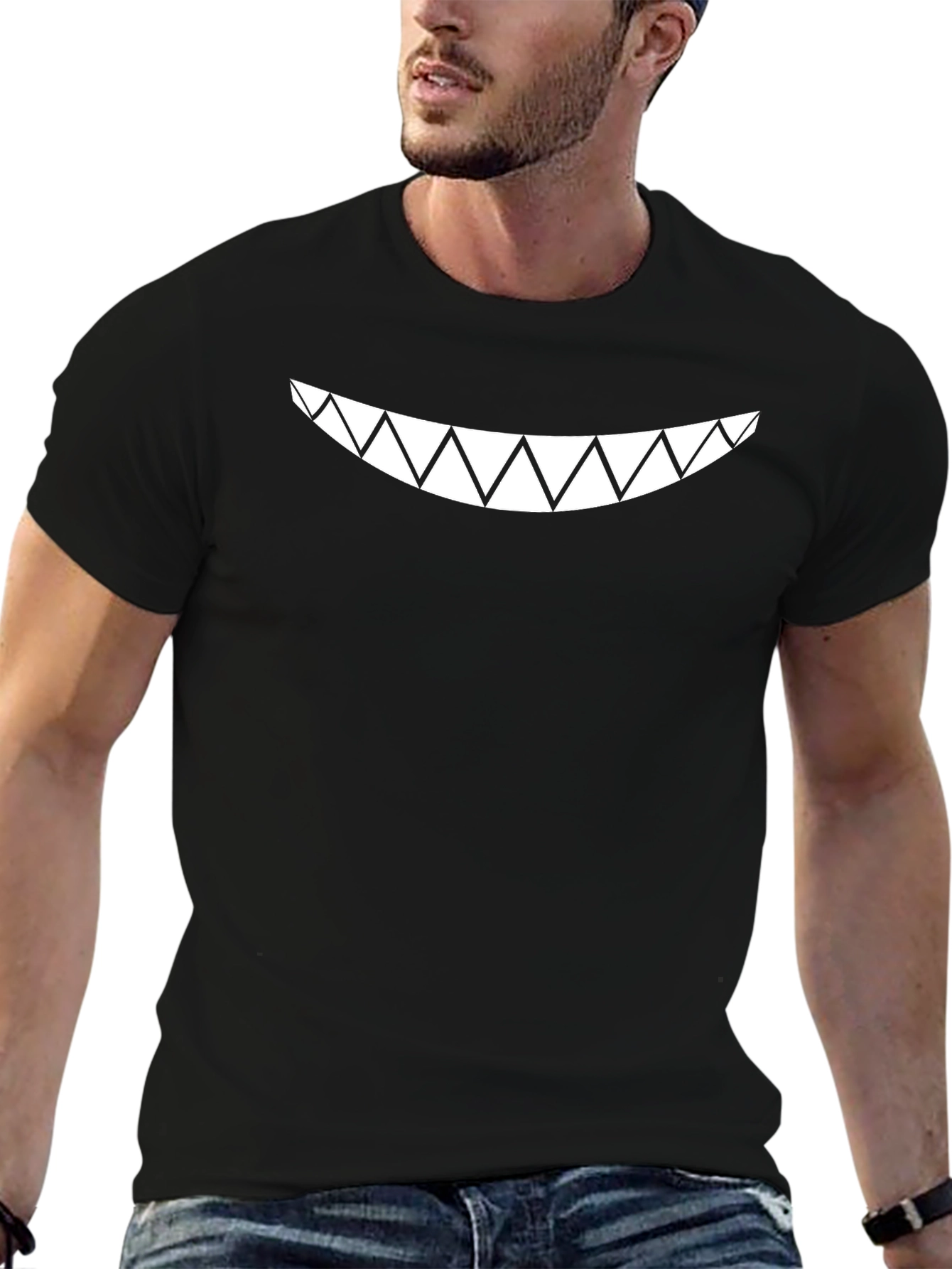 Mens Black T-Shirt with White Sharp Teeth Graphic