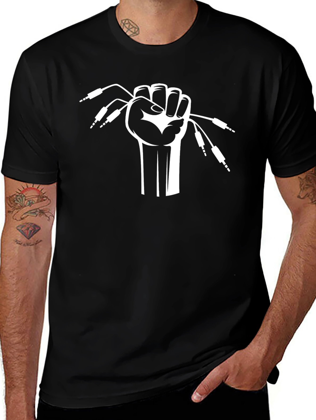 DJ Hand Holding Audio Cables - Black T-Shirt