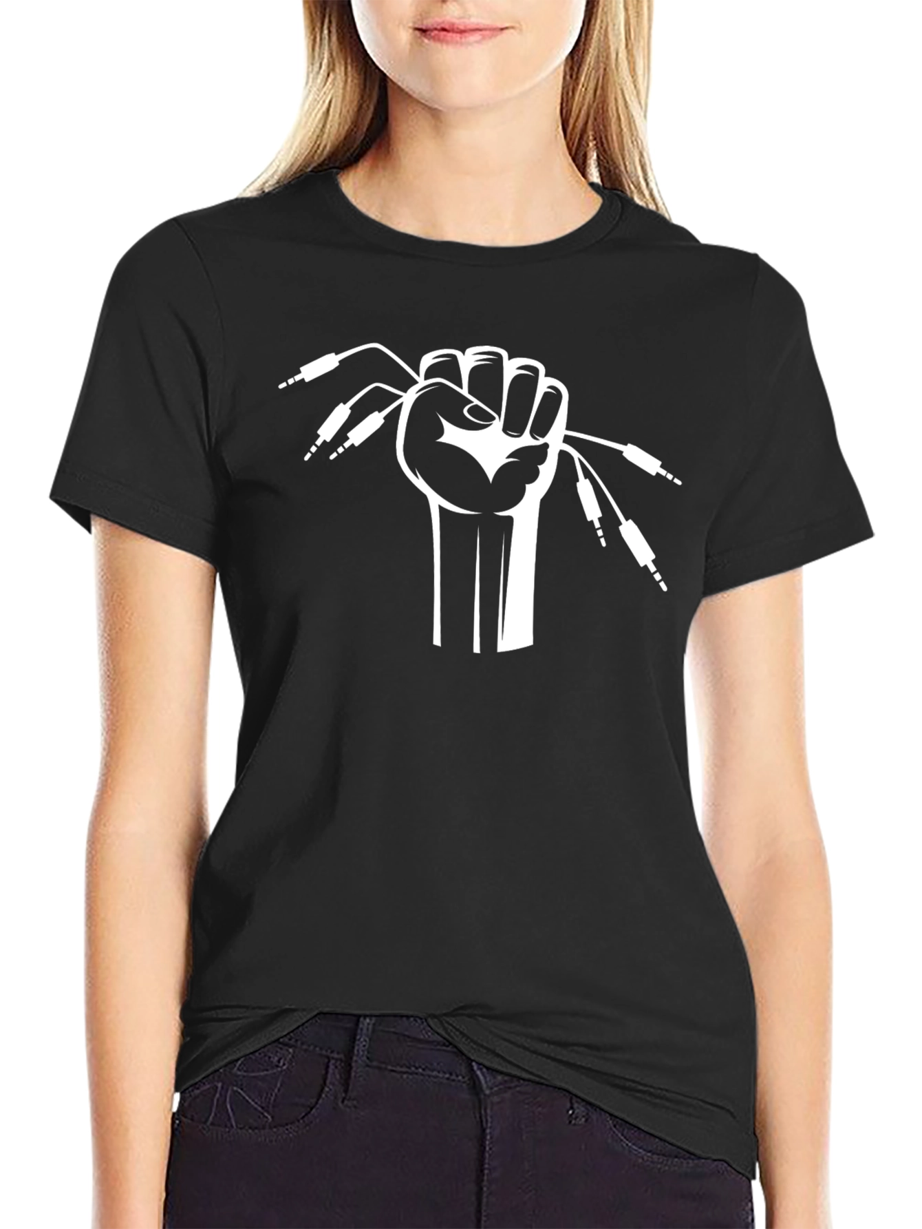 DJ Hand Holding Audio Cables - Black T-Shirt