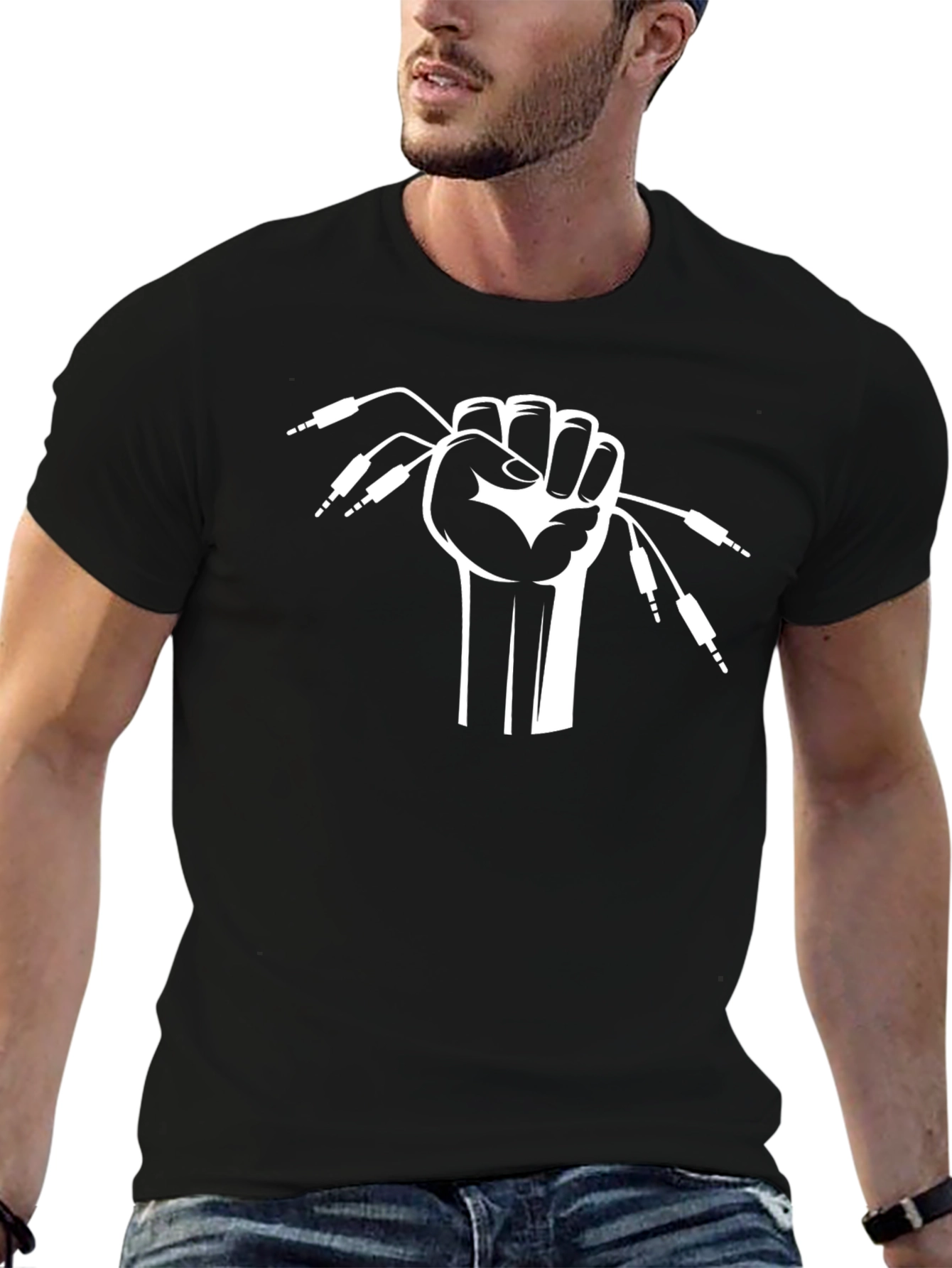 DJ Hand Holding Audio Cables - Black T-Shirt