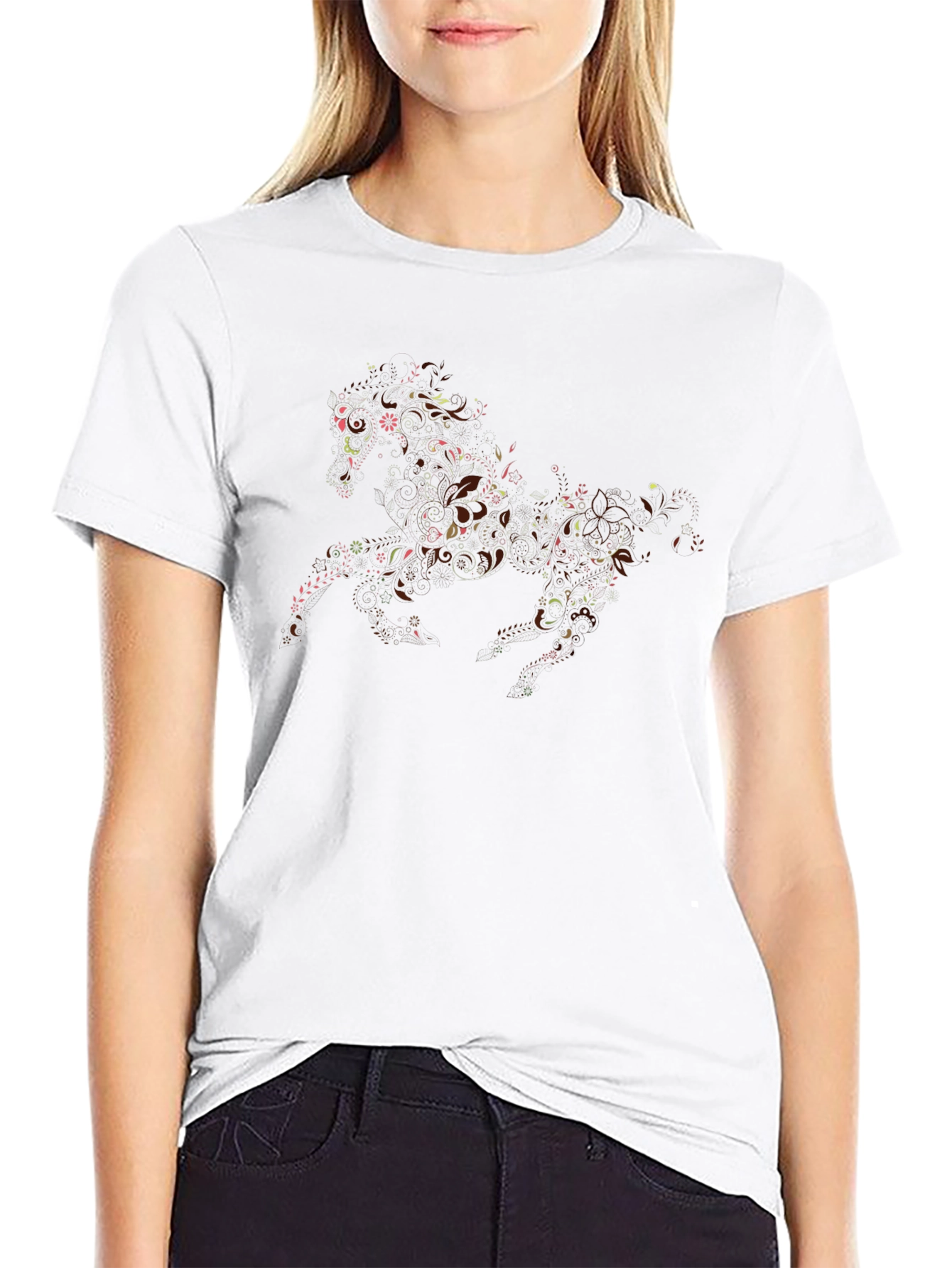 Floral Horse Graphic Black T-Shirt