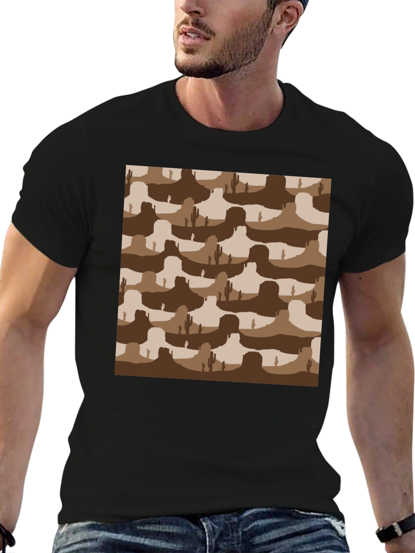 Desert Landscape Graphic Tee - Black Crew Neck T-Shirt