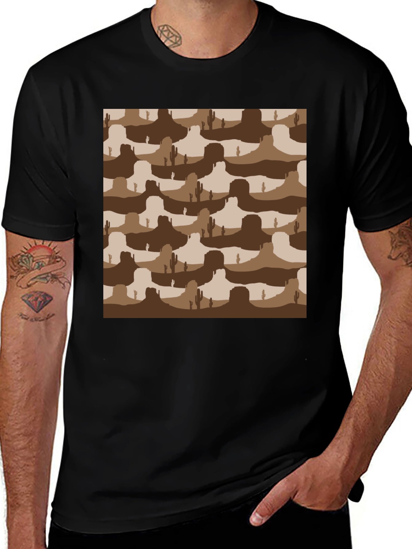 Desert Landscape Graphic Tee - Black Crew Neck T-Shirt