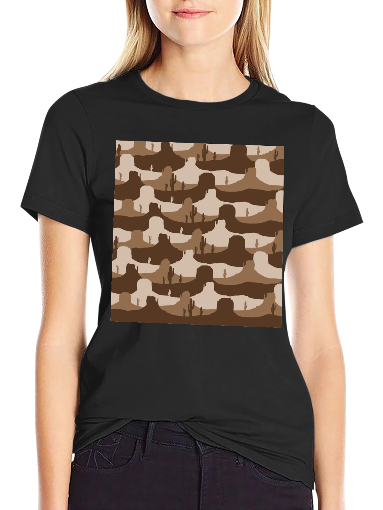 Desert Landscape Graphic Tee - Black Crew Neck T-Shirt