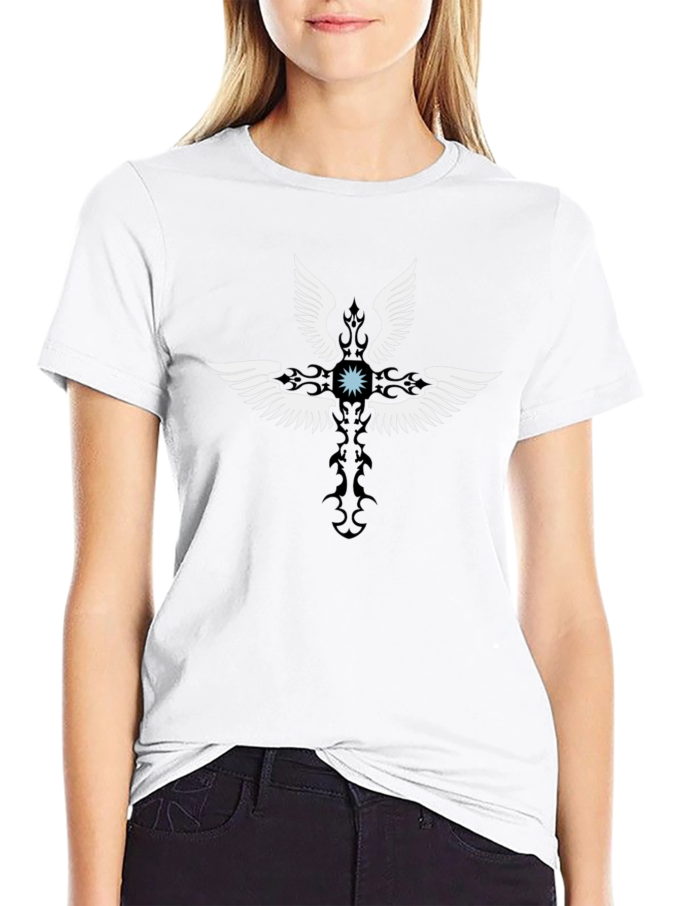 Winged Cross Graphic T-Shirt - Casual Black Tee