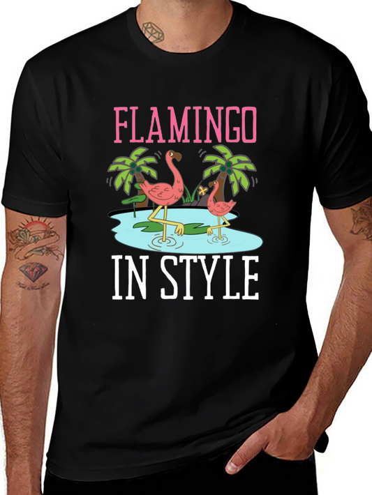 Flamingo In Style Black Graphic Tee