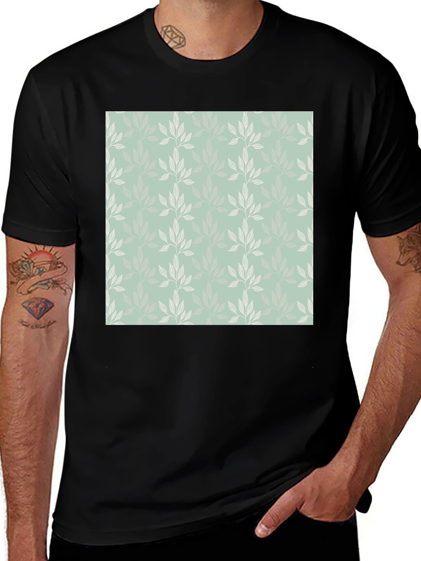 Leaf Pattern Graphic Black T-Shirt