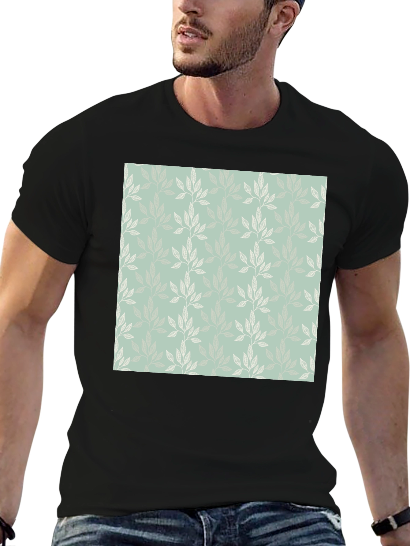 Leaf Pattern Graphic Black T-Shirt