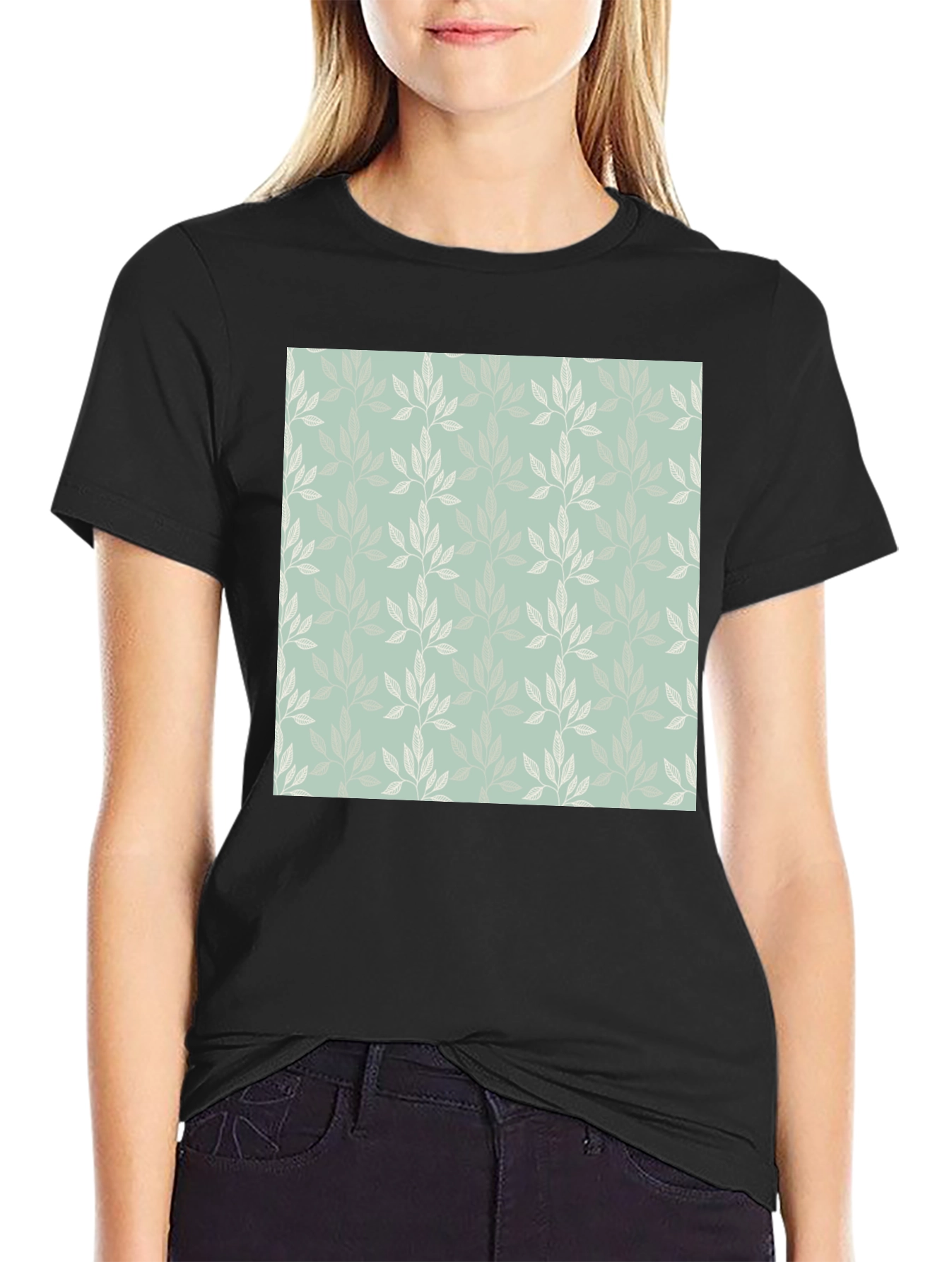Leaf Pattern Graphic Black T-Shirt