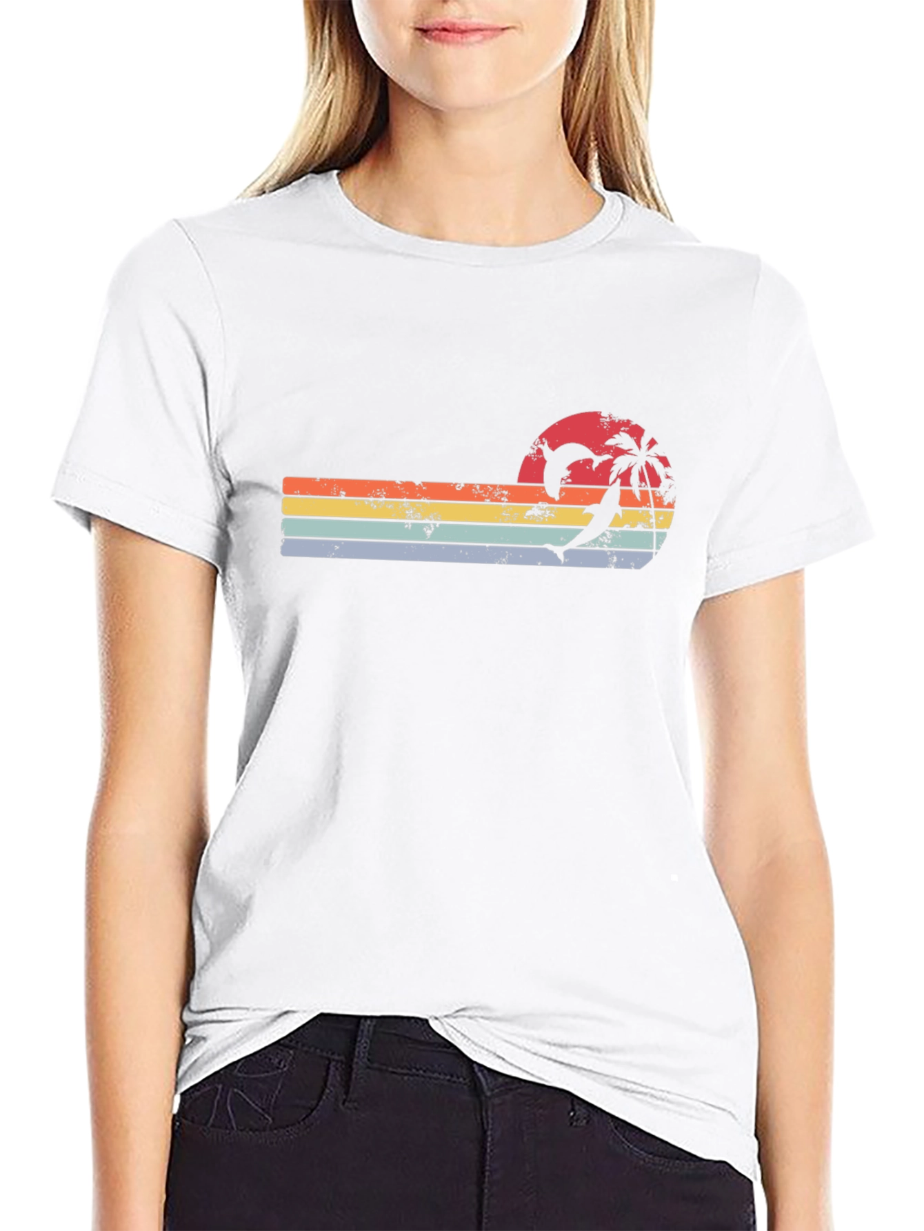 Retro Dolphin Palm Sunset T-Shirt