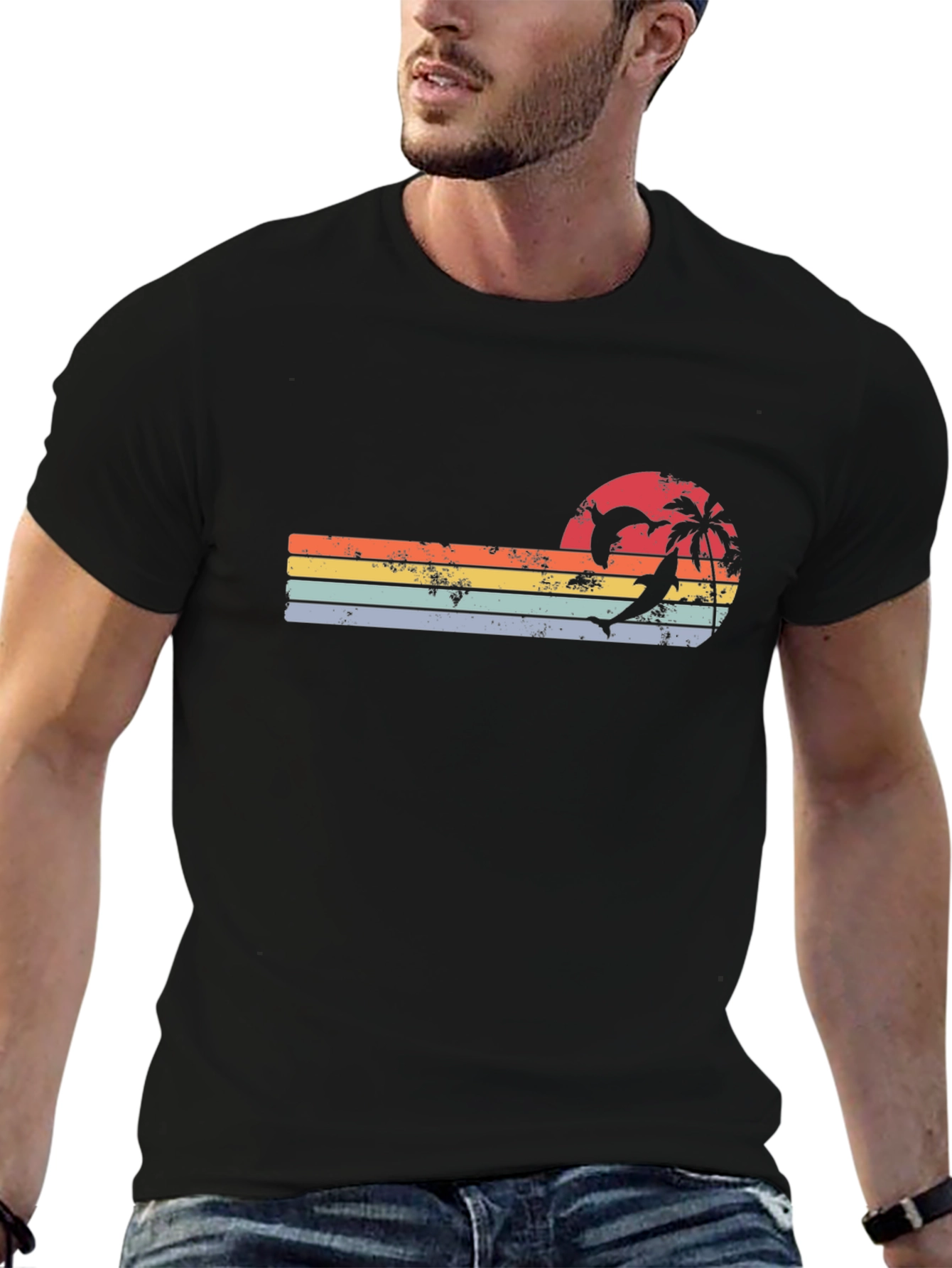 Retro Dolphin Palm Sunset T-Shirt