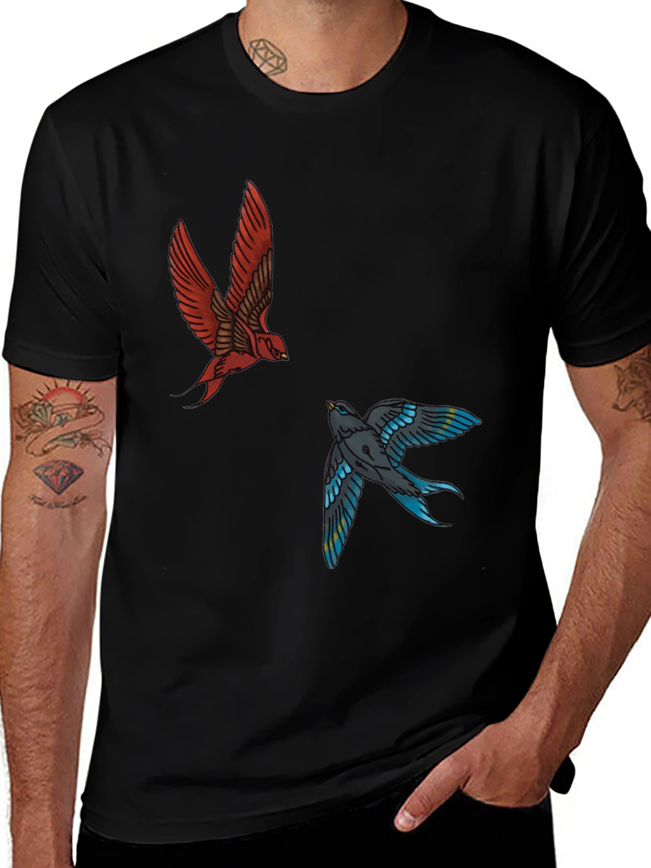 Swallow Print Tee - Black Graphic T-Shirt