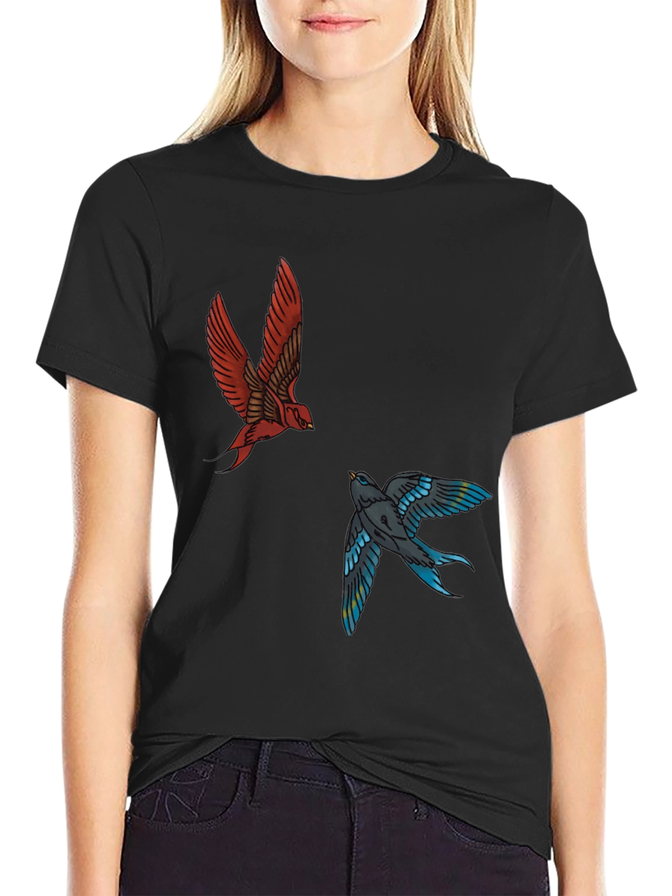 Swallow Print Tee - Black Graphic T-Shirt