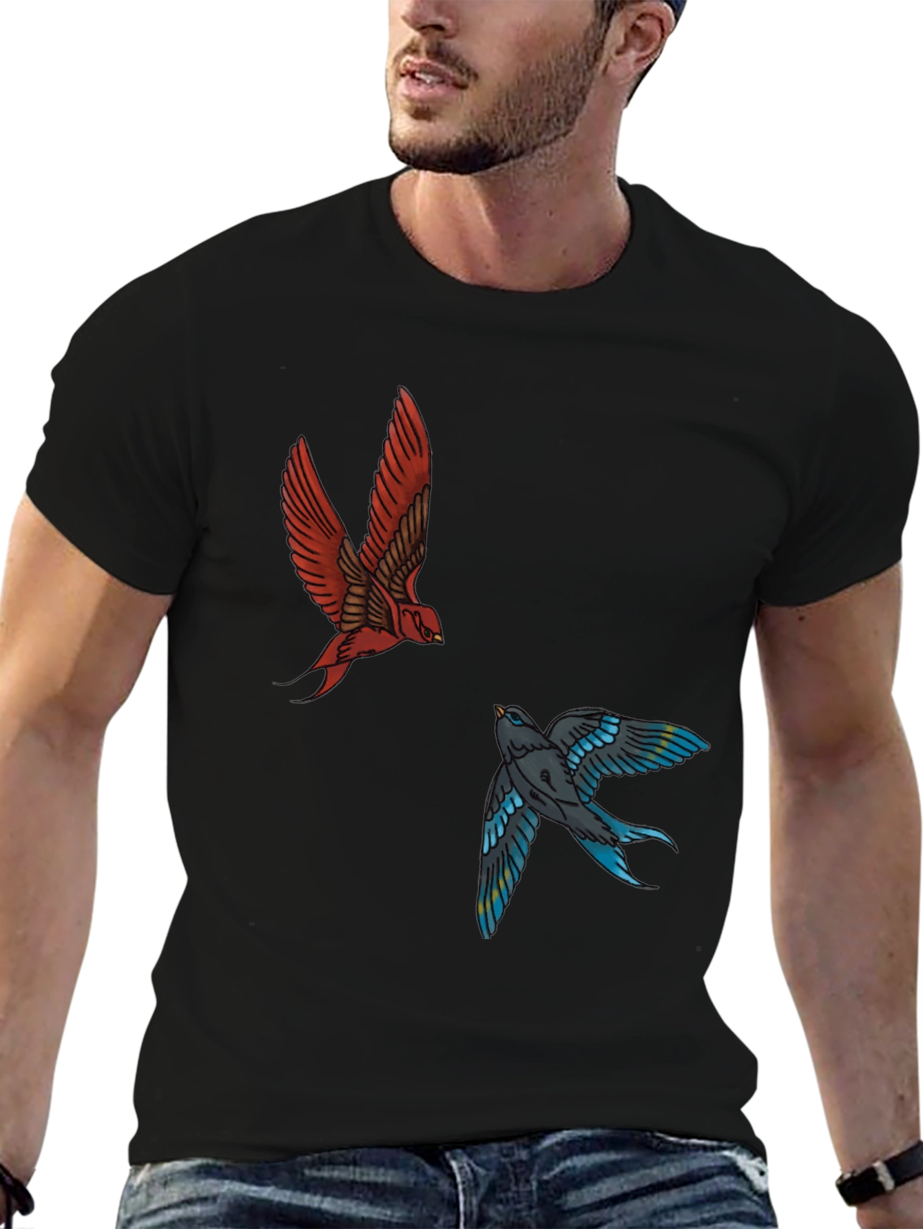 Swallow Print Tee - Black Graphic T-Shirt